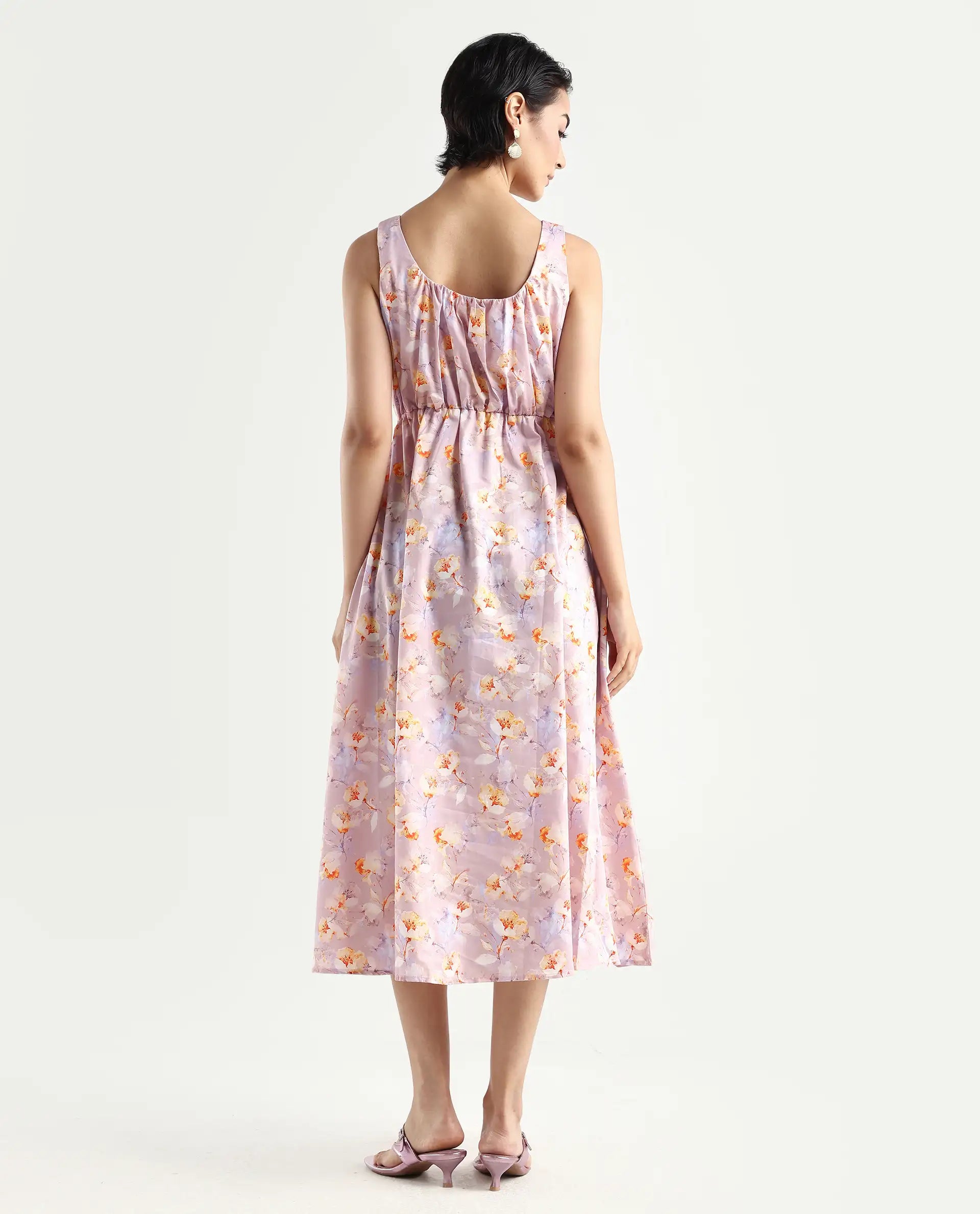 Rareism Women's Hailey Purple Cotton Crew Neck Floral Print Sleeveless Midi Regular Fit Dress