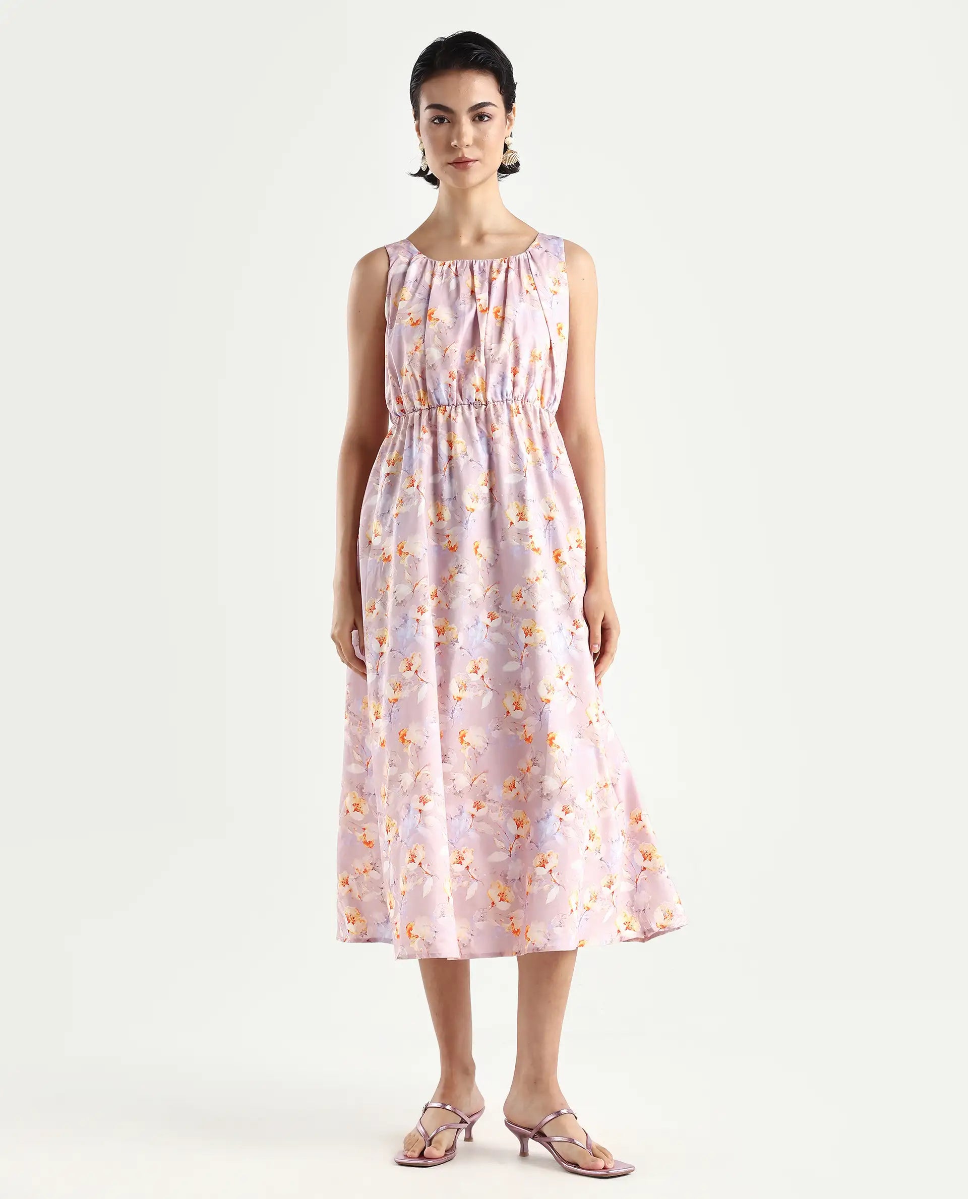 Rareism Women's Hailey Purple Cotton Crew Neck Floral Print Sleeveless Midi Regular Fit Dress