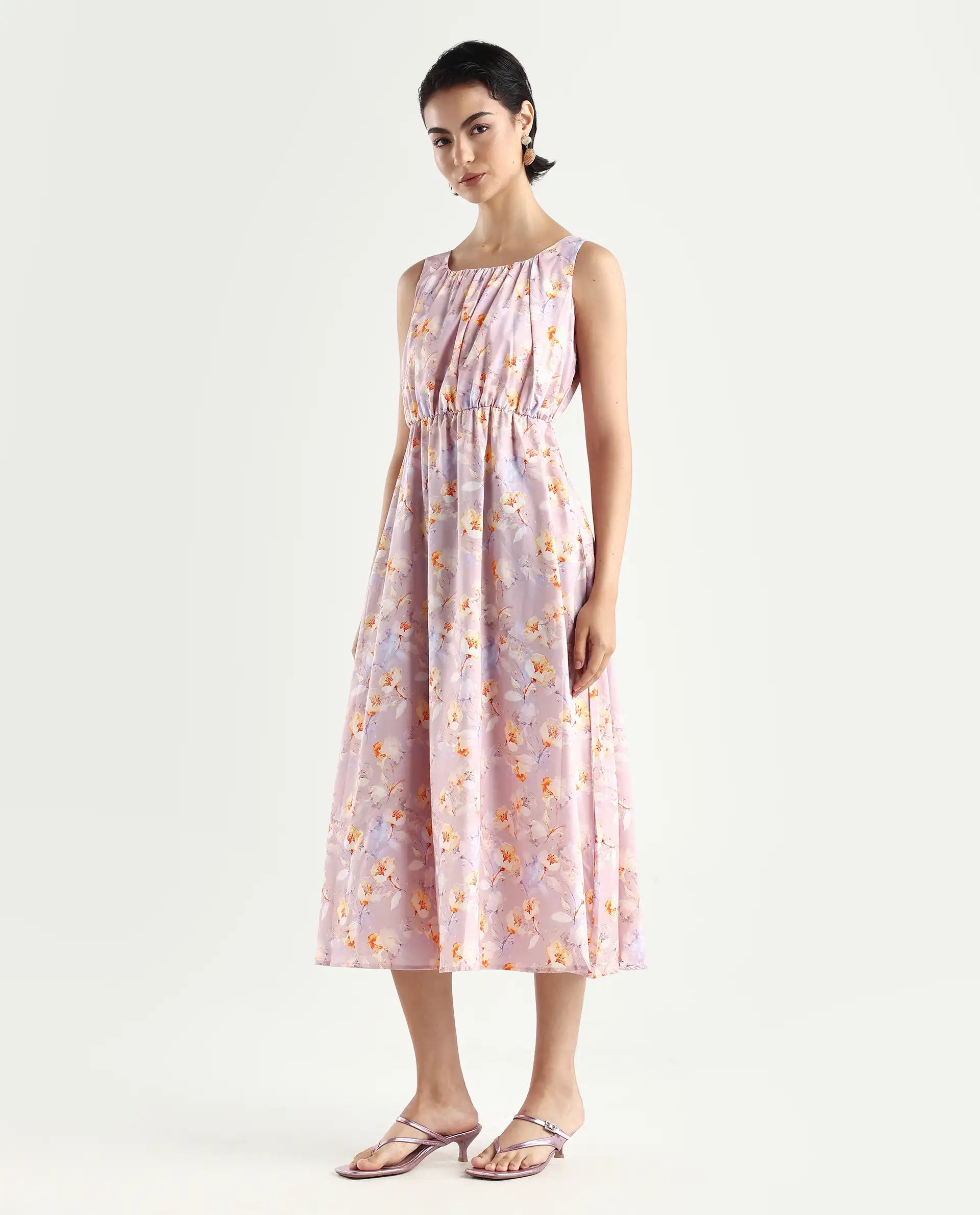 Rareism Women's Hailey Purple Cotton Crew Neck Floral Print Sleeveless Midi Regular Fit Dress