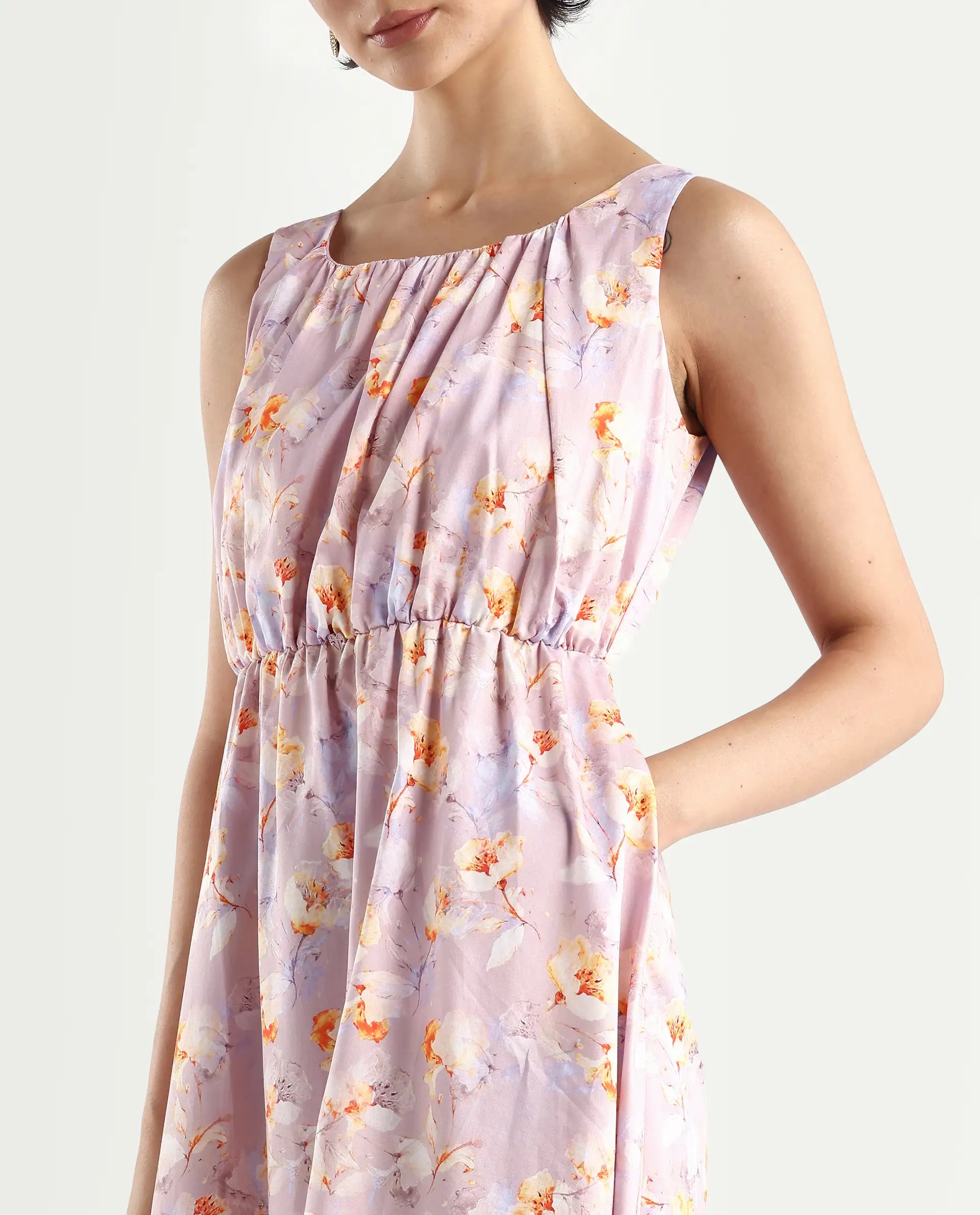 Rareism Women's Hailey Purple Cotton Crew Neck Floral Print Sleeveless Midi Regular Fit Dress