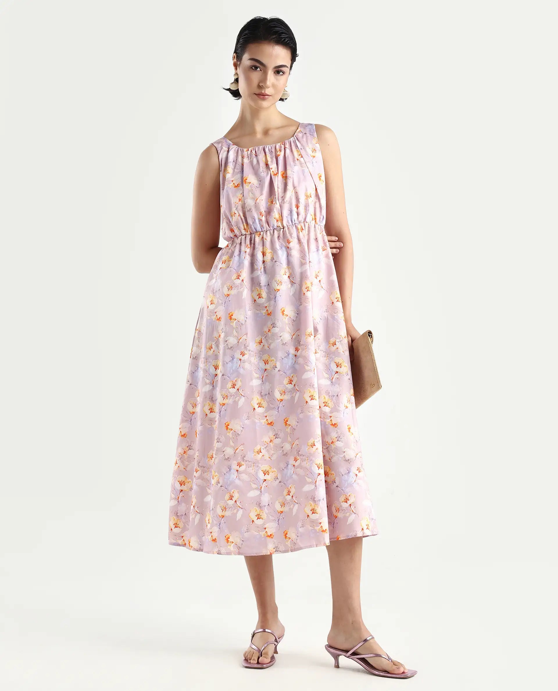 Rareism Women's Hailey Purple Cotton Crew Neck Floral Print Sleeveless Midi Regular Fit Dress