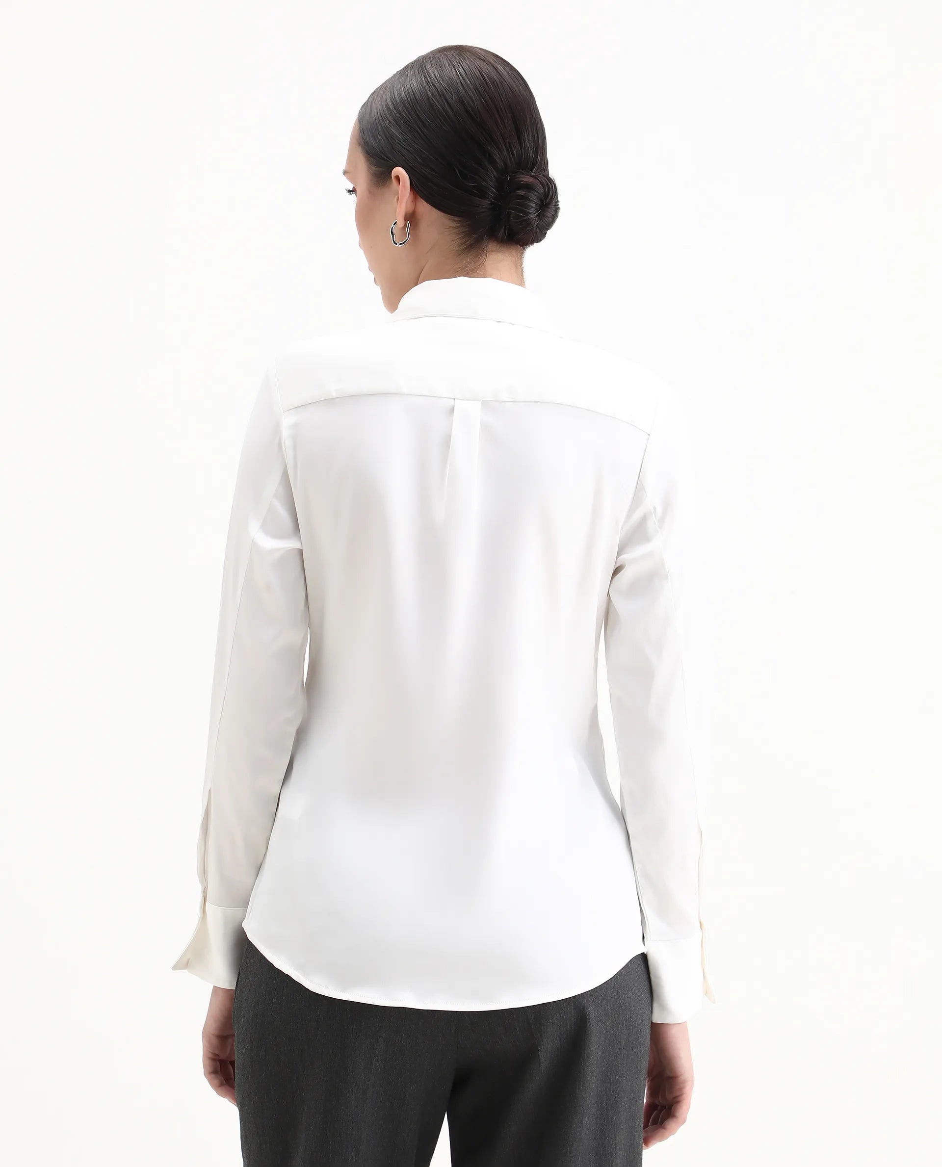 Rareism Women's Haipe White Polyester Spread Collar Plain Cuffed Sleeve Regular Fit Top