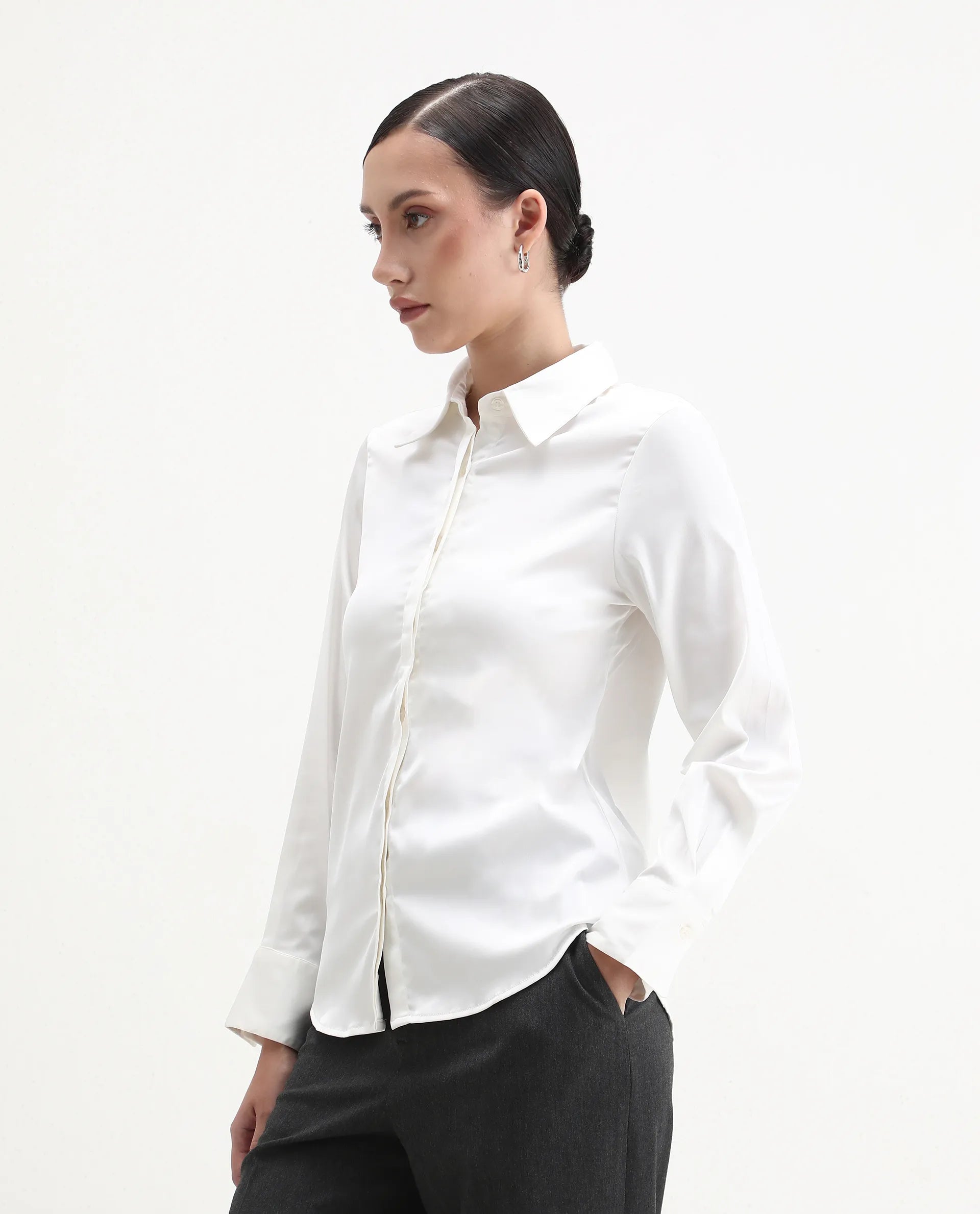 Rareism Women's Haipe White Polyester Spread Collar Plain Cuffed Sleeve Regular Fit Top