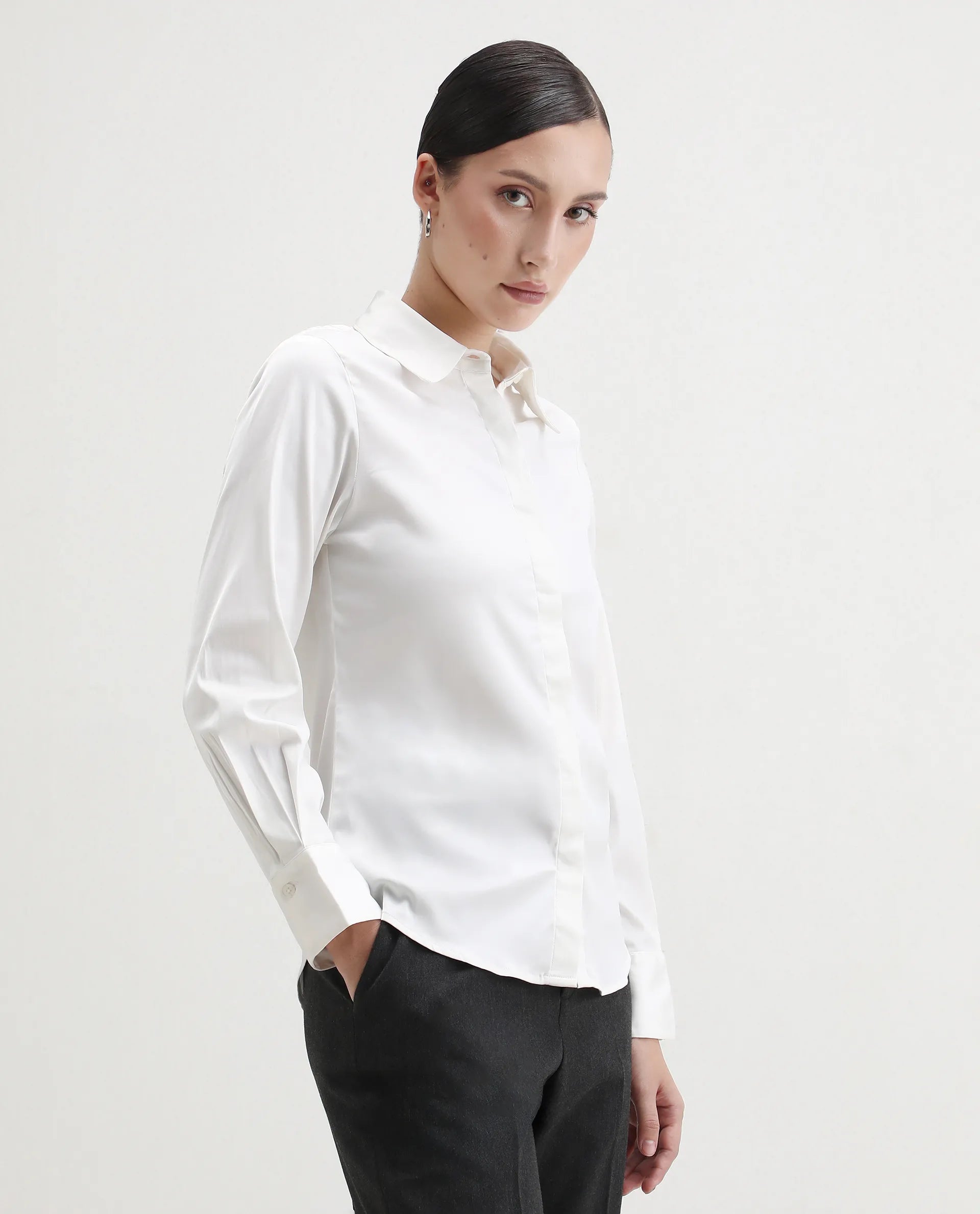 Rareism Women's Haipe White Polyester Spread Collar Plain Cuffed Sleeve Regular Fit Top