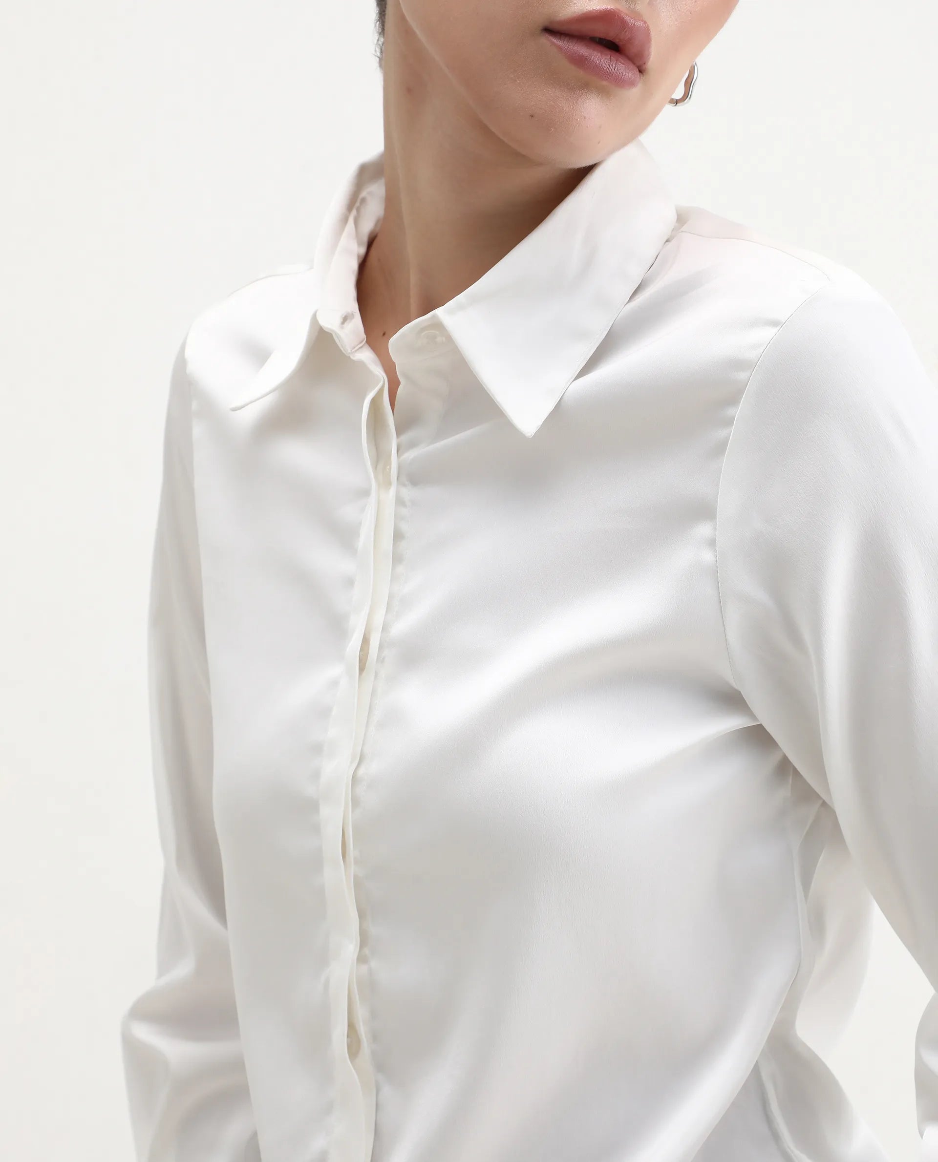 Rareism Women's Haipe White Polyester Spread Collar Plain Cuffed Sleeve Regular Fit Top