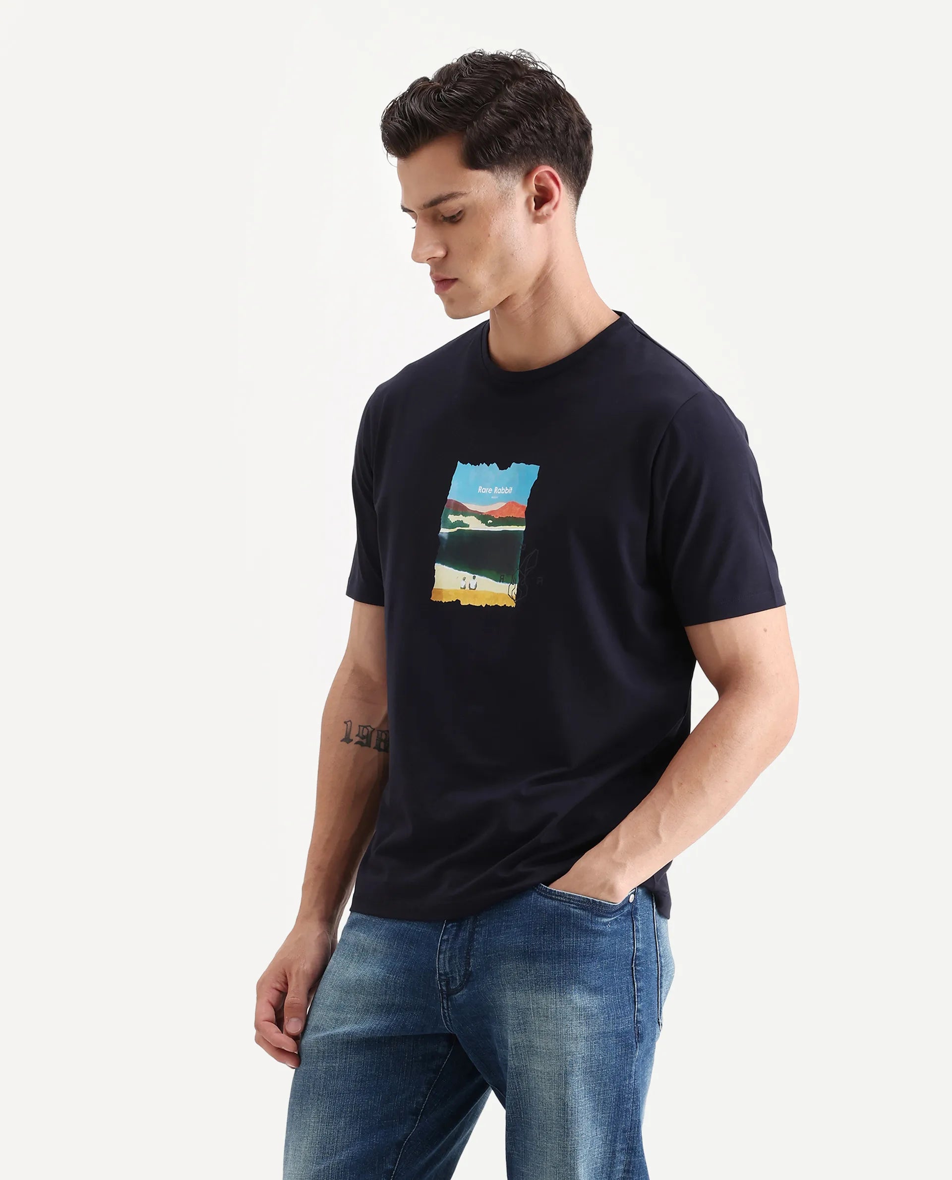 Rare Rabbit Men's Hale Navy Cotton Blend Graphic Print Regular Fit Half Sleeve Crew Neck T-Shirt