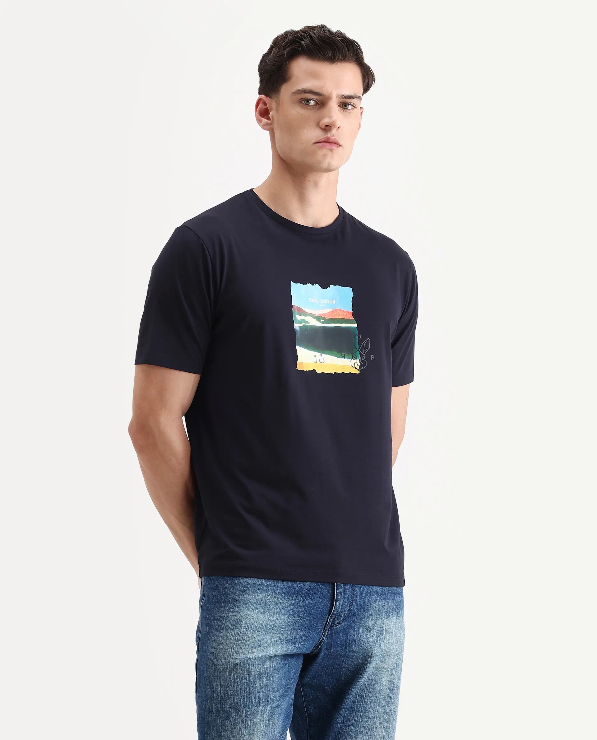 Rare Rabbit Men's Hale Navy Cotton Blend Graphic Print Regular Fit Half Sleeve Crew Neck T-Shirt