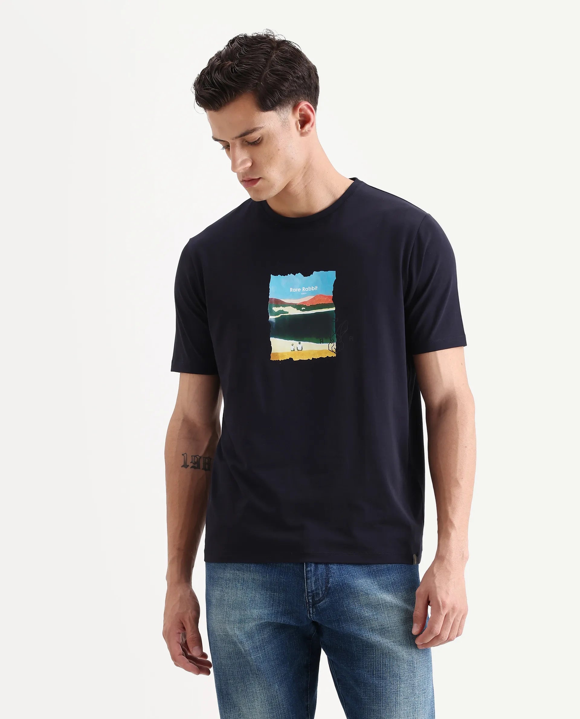 Rare Rabbit Men's Hale Navy Cotton Blend Graphic Print Regular Fit Half Sleeve Crew Neck T-Shirt