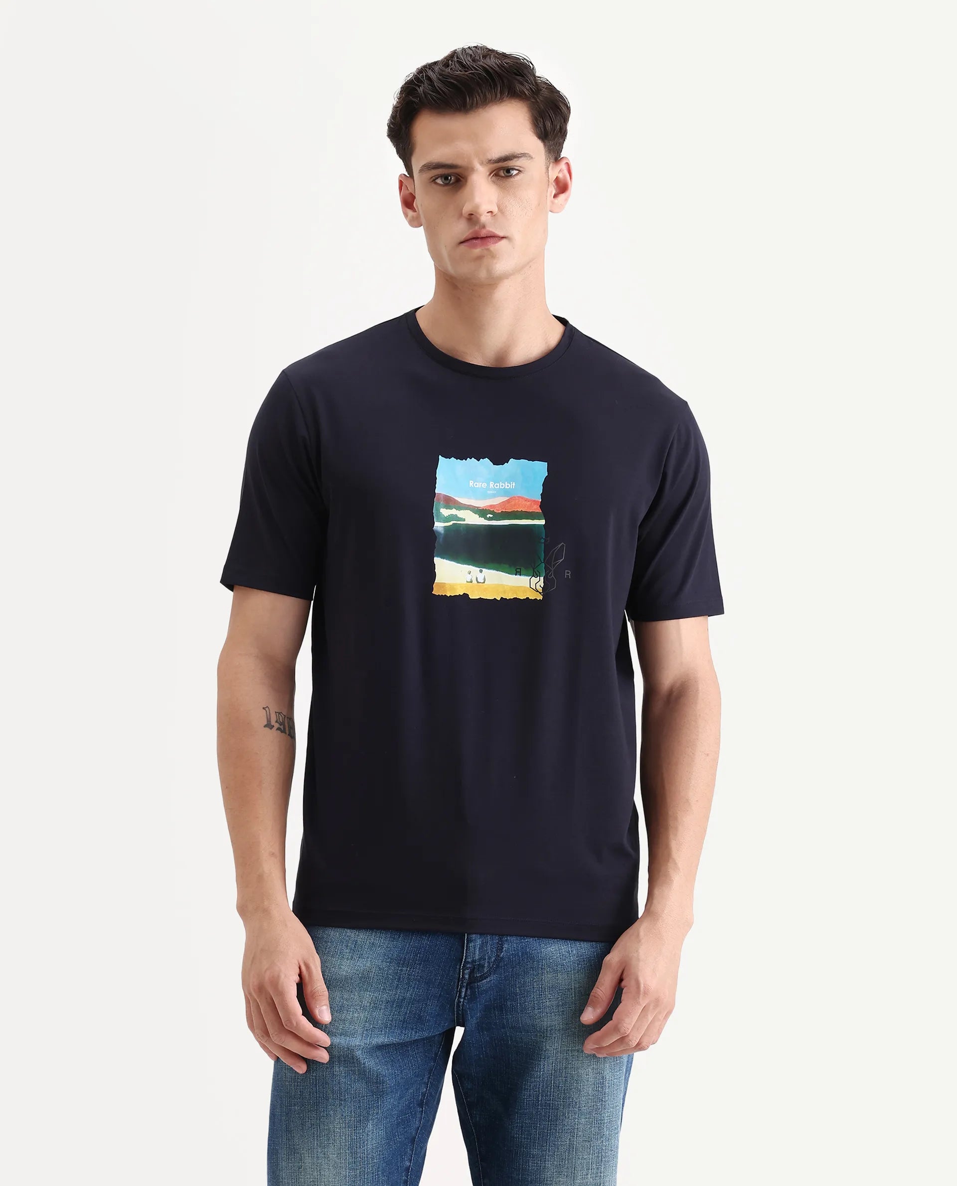 Rare Rabbit Men's Hale Navy Cotton Blend Graphic Print Regular Fit Half Sleeve Crew Neck T-Shirt
