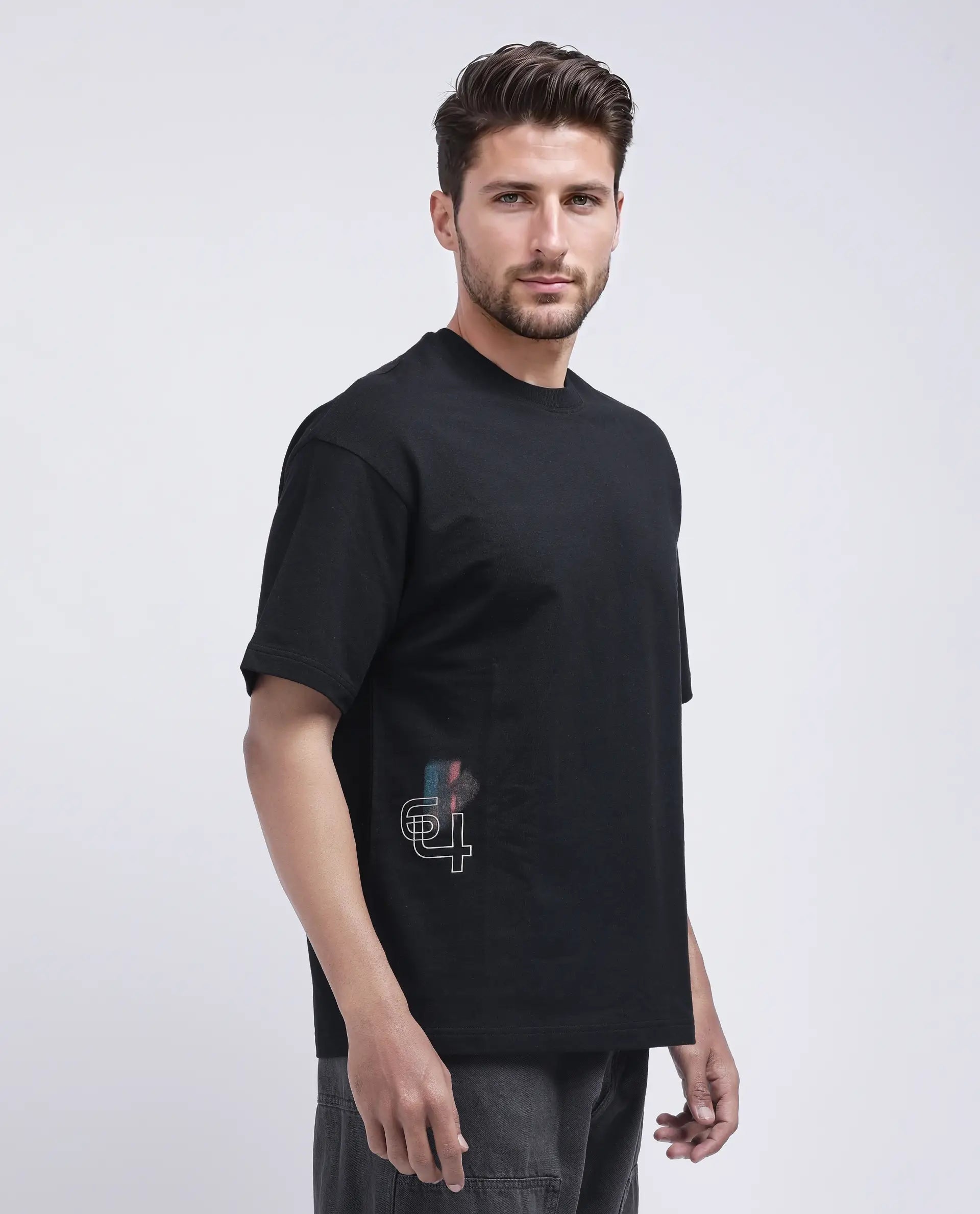 Rare Rabbit Men's Halen Black Cotton Graphic Print Oversized Fit Half Sleeve Crew Neck T-Shirt