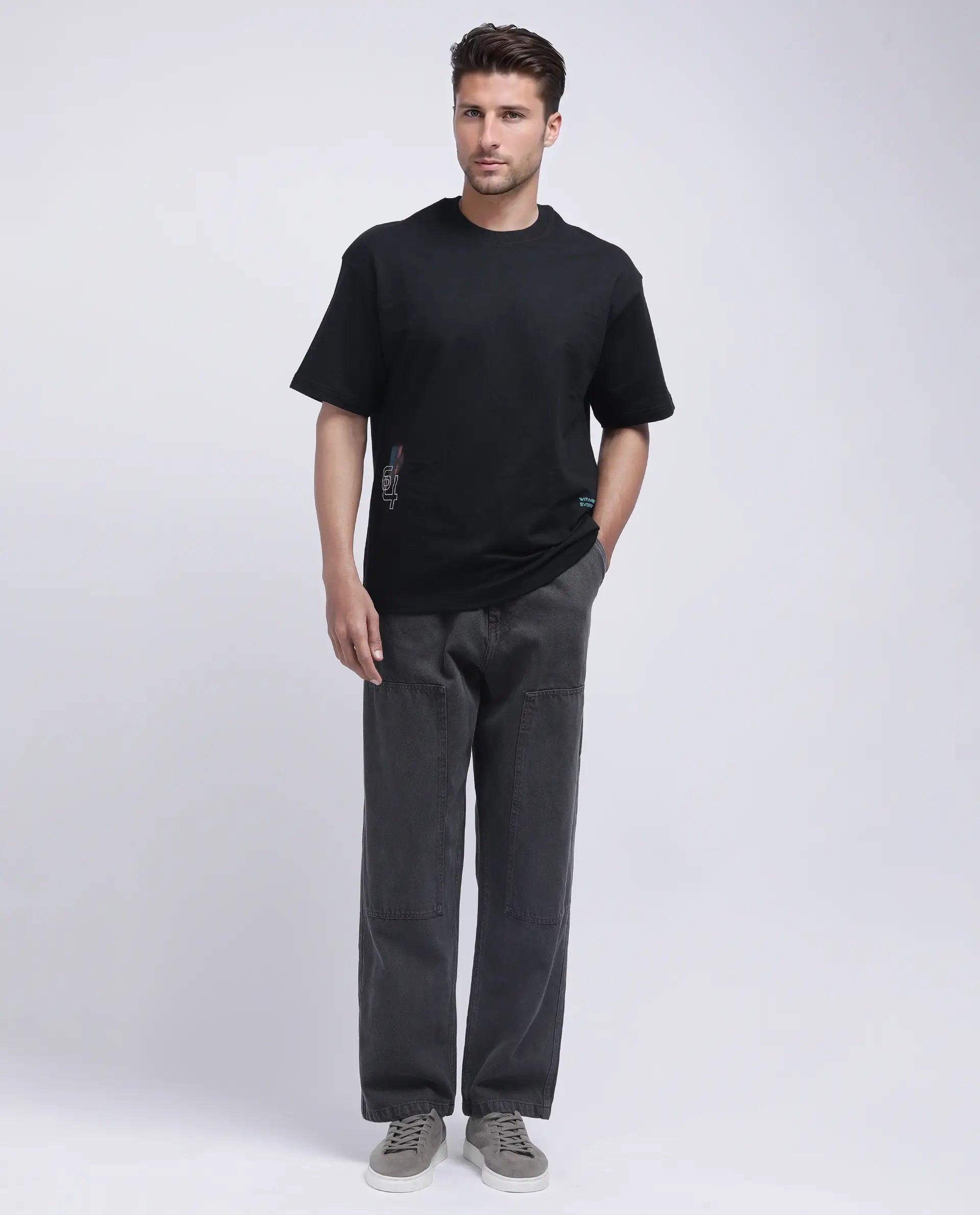 Rare Rabbit Men's Halen Black Cotton Graphic Print Oversized Fit Half Sleeve Crew Neck T-Shirt