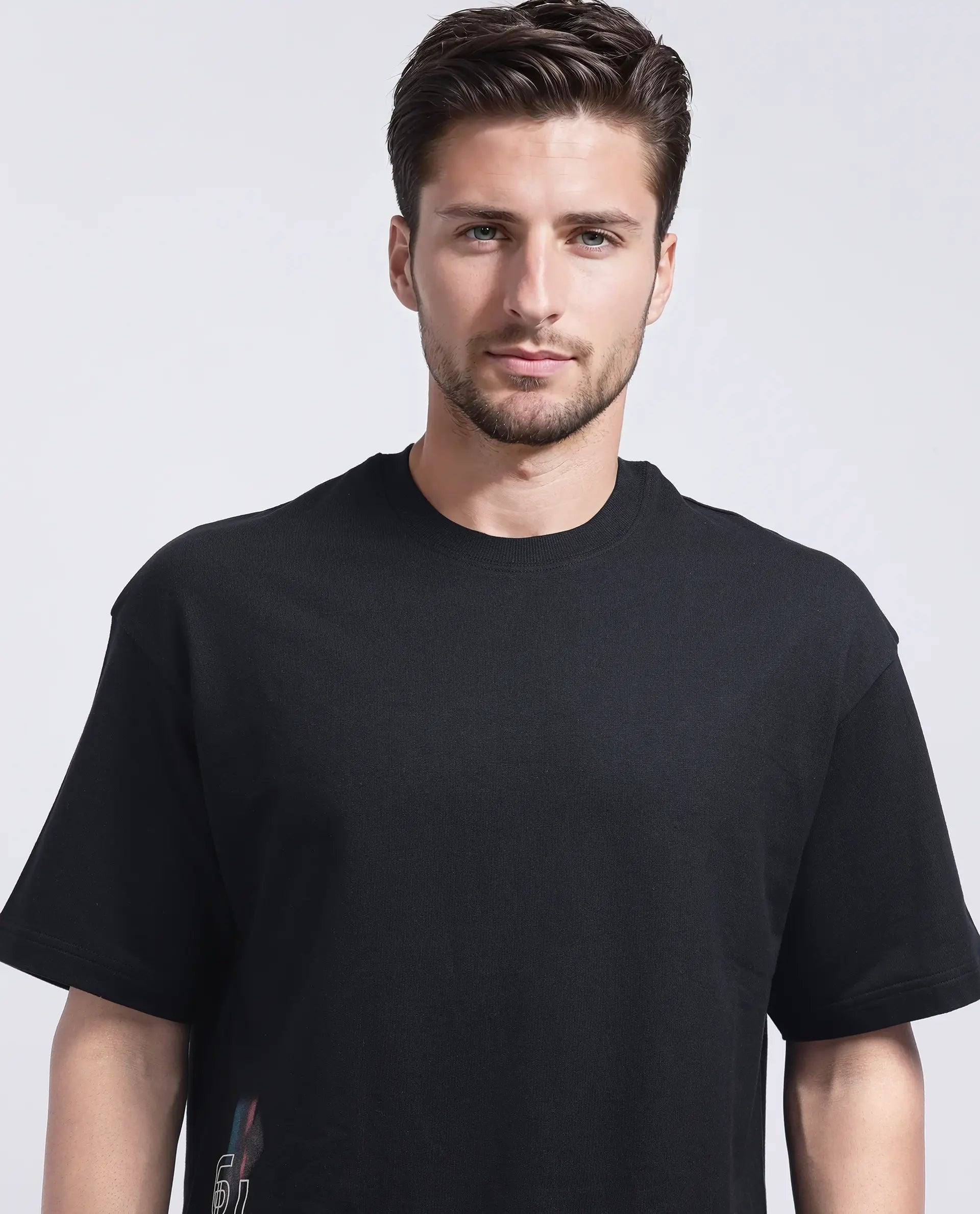 Rare Rabbit Men's Halen Black Cotton Graphic Print Oversized Fit Half Sleeve Crew Neck T-Shirt