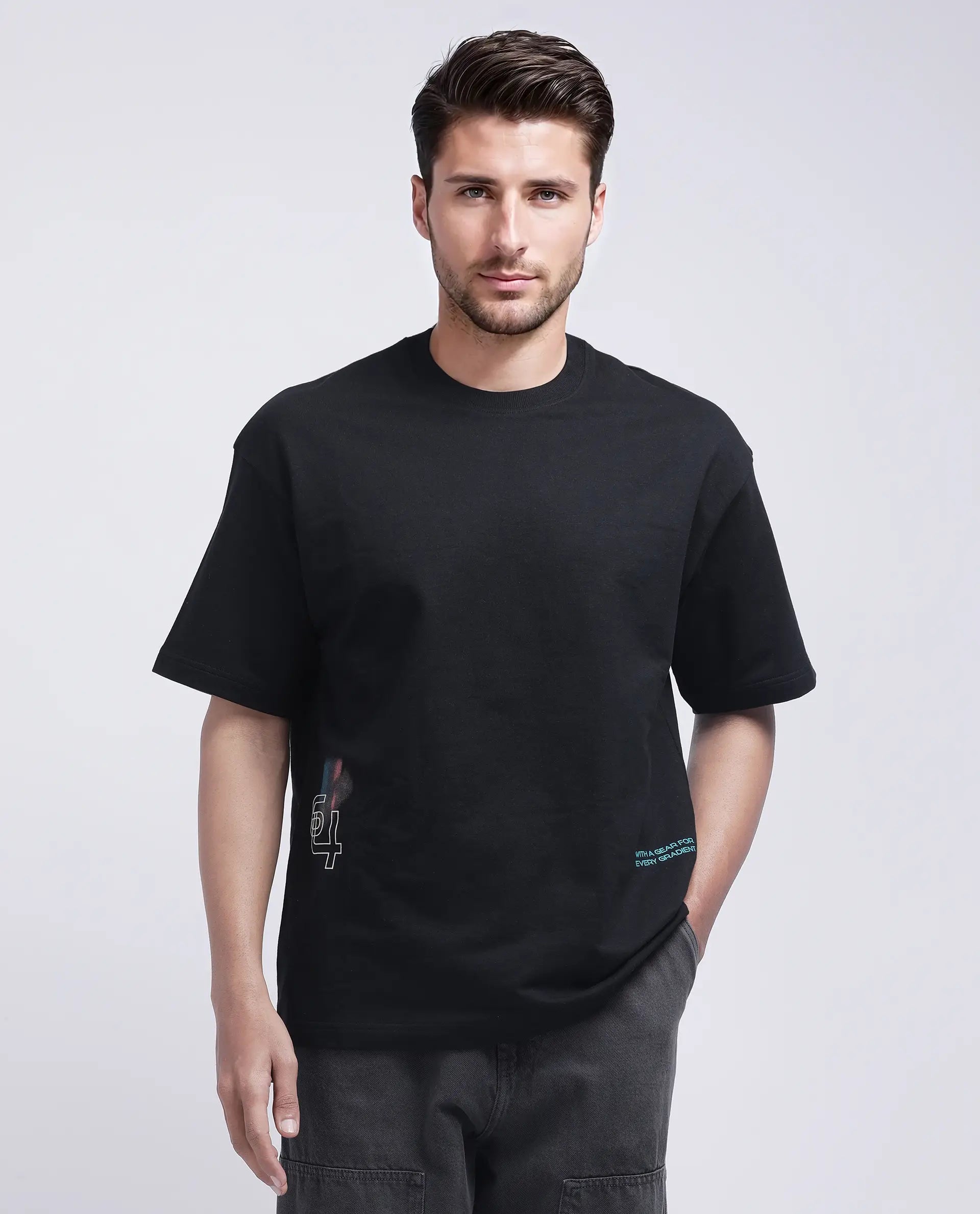 Rare Rabbit Men's Halen Black Cotton Graphic Print Oversized Fit Half Sleeve Crew Neck T-Shirt