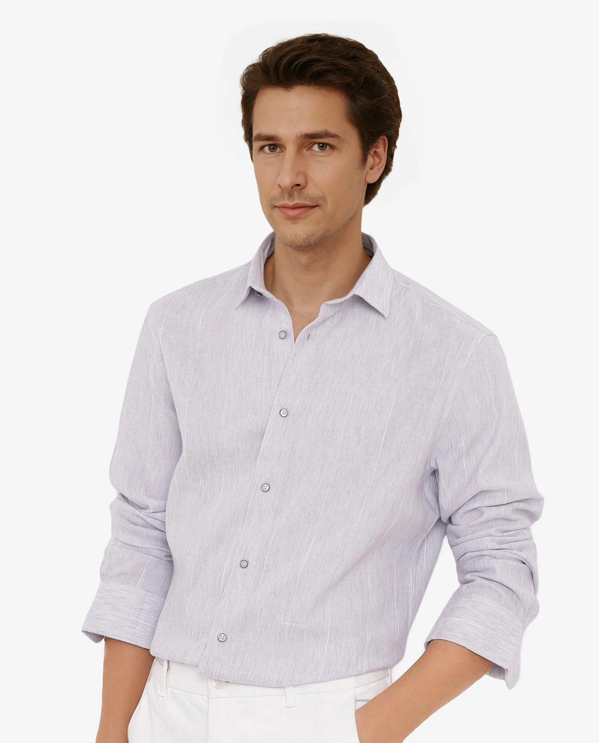 Rare Rabbit Men Halk-1 Light Purple Cotton Fabric Melange Effect Full Sleeves Regular Fit Stripe Shirt