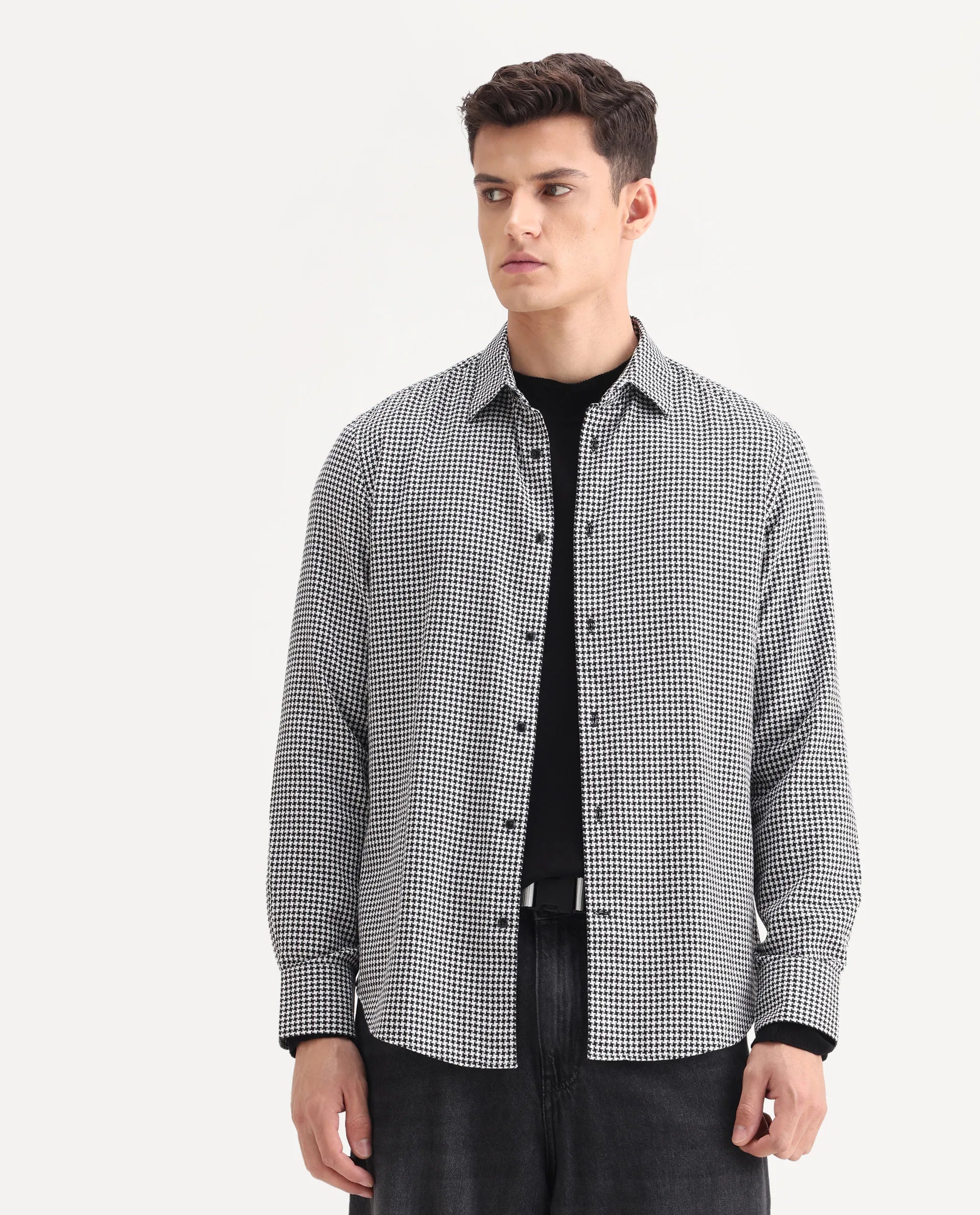 Rare Rabbit Men's Hall Black Cotton Checked Print Regular Fit Full Sleeve Collared Shirt
