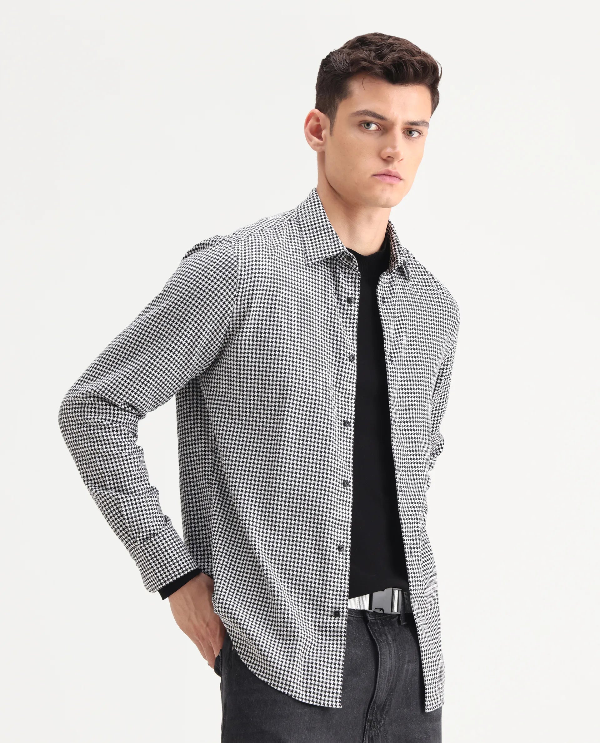 Rare Rabbit Men's Hall Black Cotton Checked Print Regular Fit Full Sleeve Collared Shirt