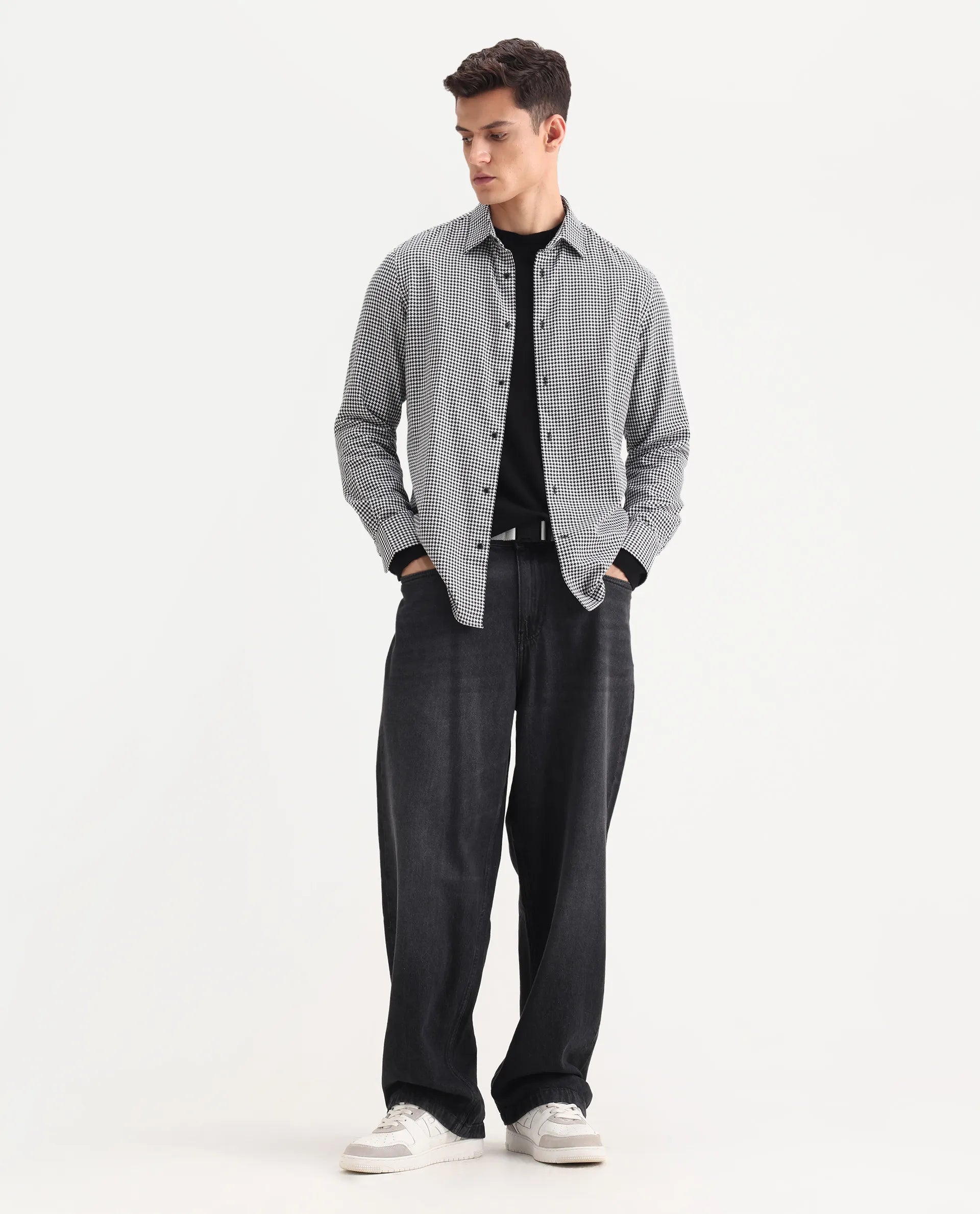 Rare Rabbit Men's Hall Black Cotton Checked Print Regular Fit Full Sleeve Collared Shirt