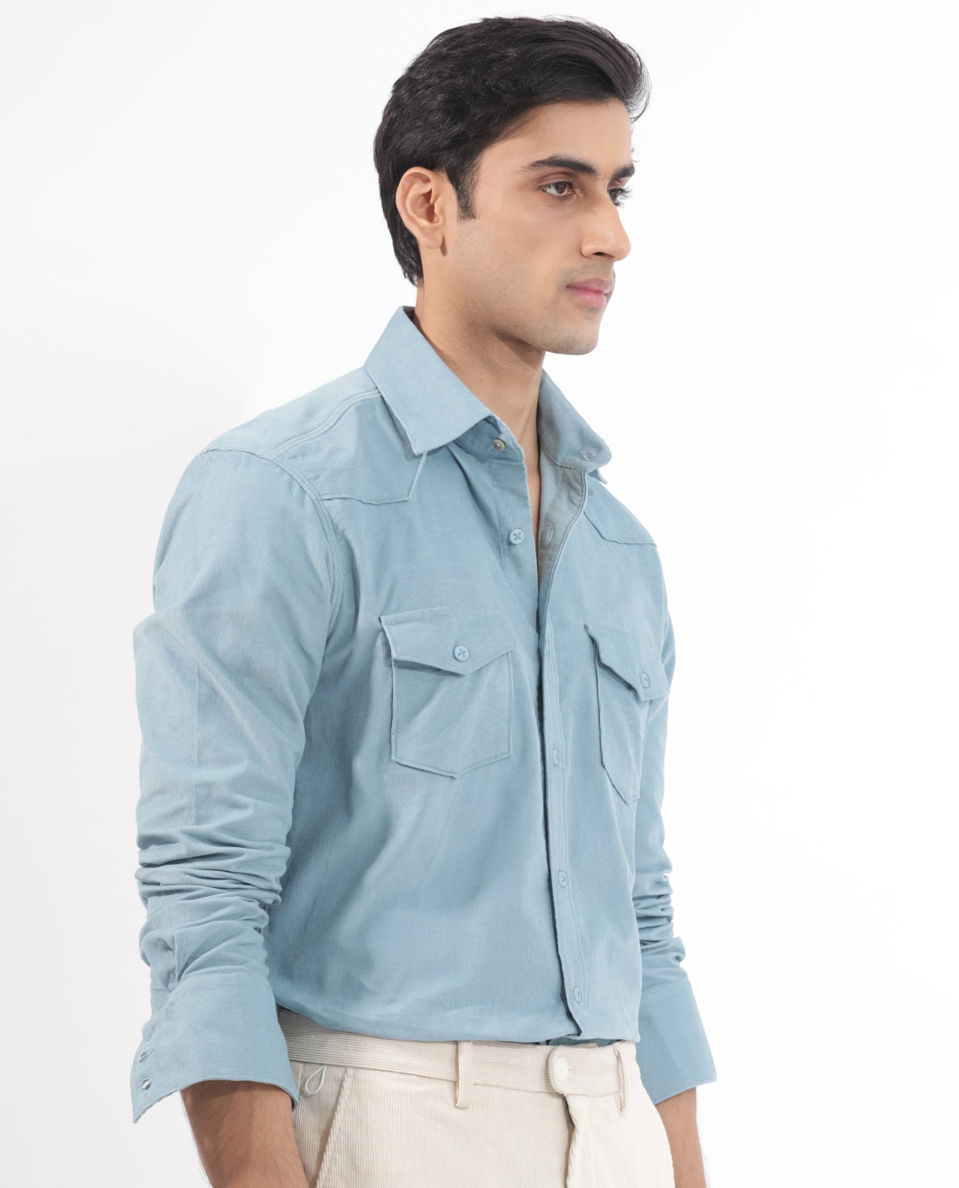 Rare Rabbit Men's Halle Dusky Blue Cotton Fabric Full Sleeves Corduroy Shirt