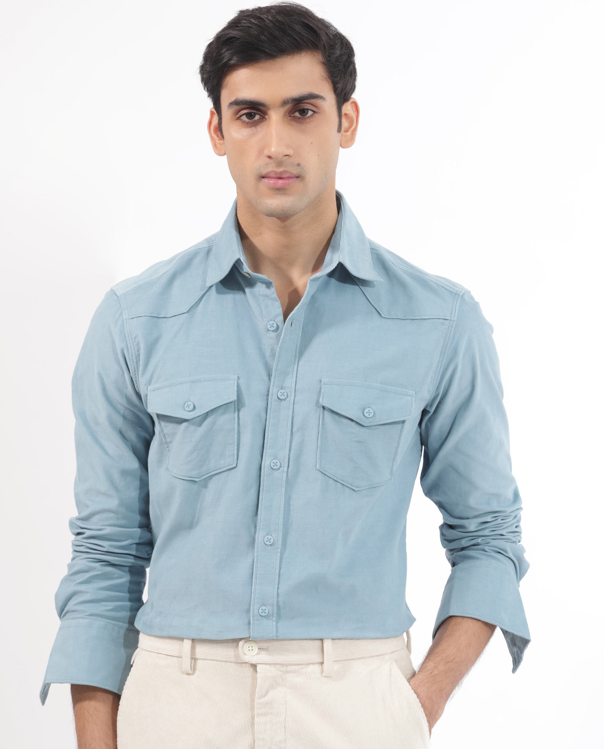 Rare Rabbit Men's Halle Dusky Blue Cotton Fabric Full Sleeves Corduroy Shirt