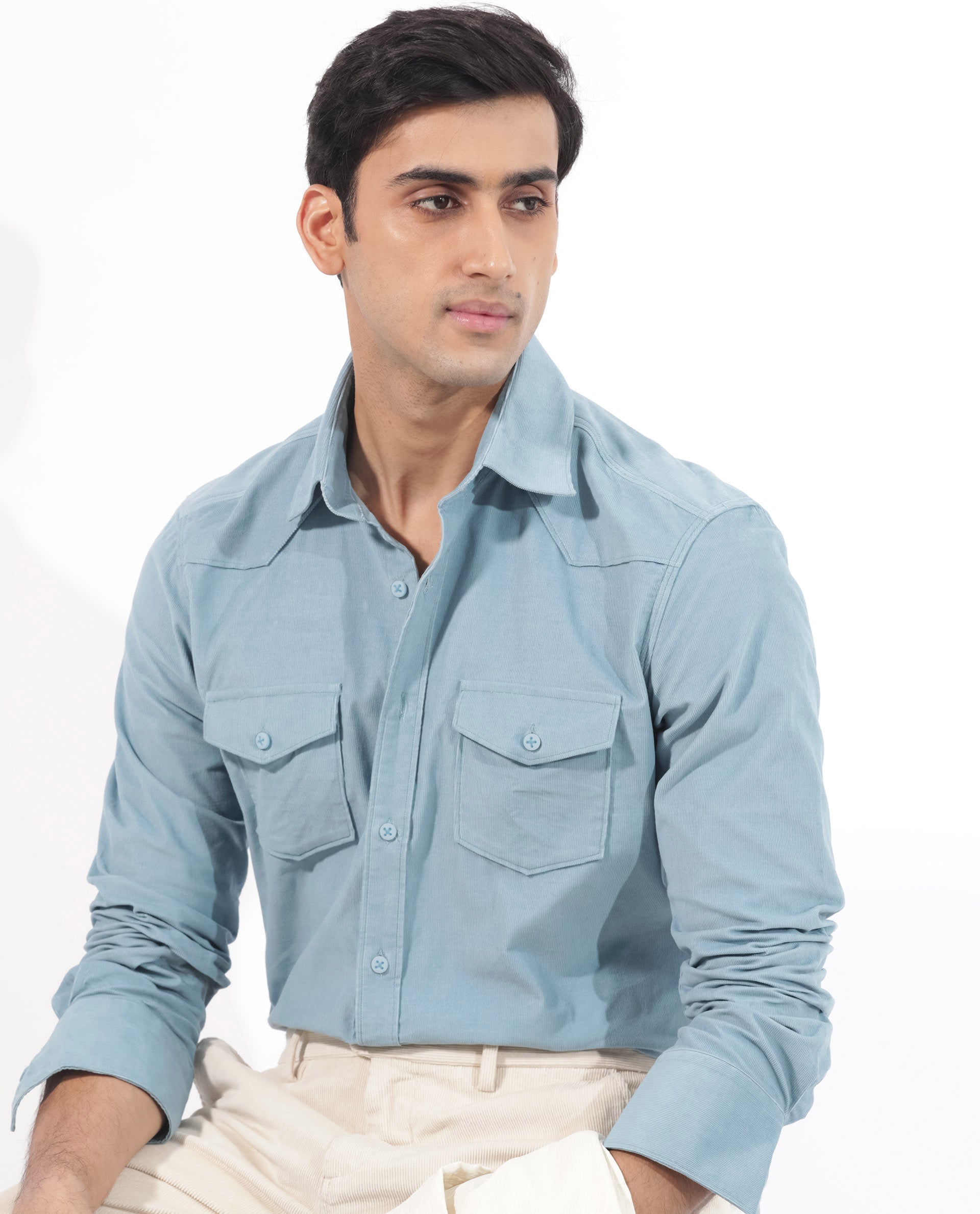 Rare Rabbit Men's Halle Dusky Blue Cotton Fabric Full Sleeves Corduroy Shirt