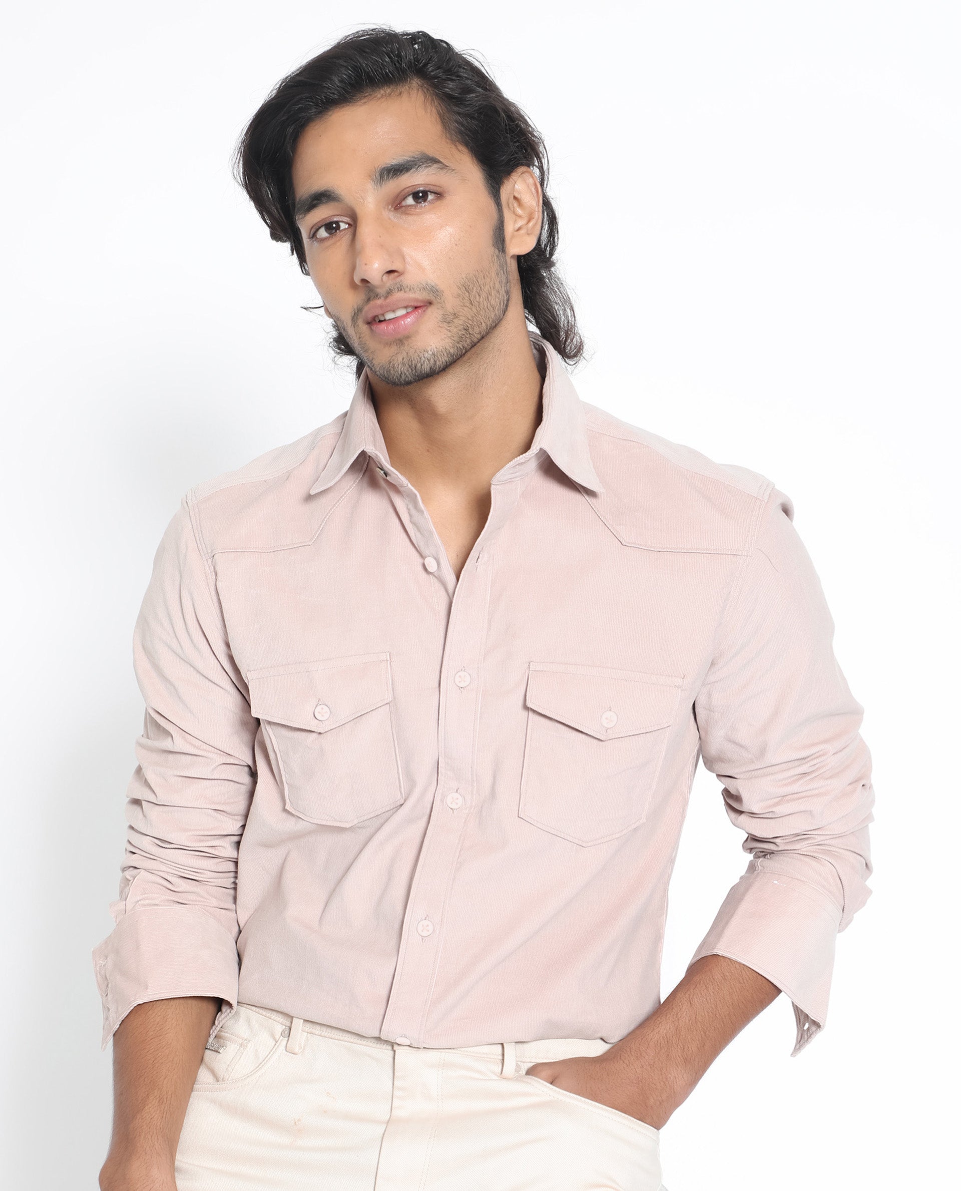 Rare Rabbit Men's Halle Dusky Peach Cotton Fabric Full Sleeves Corduroy Shirt