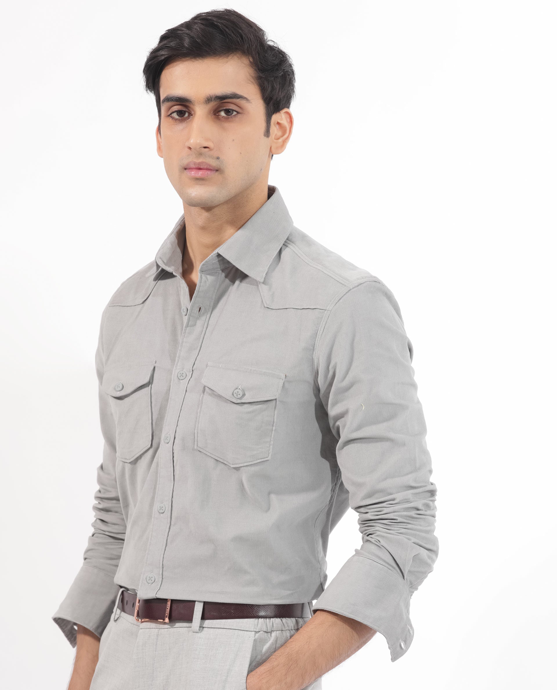 Rare Rabbit Men's Halle Grey Cotton Fabric Full Sleeves Corduroy Shirt