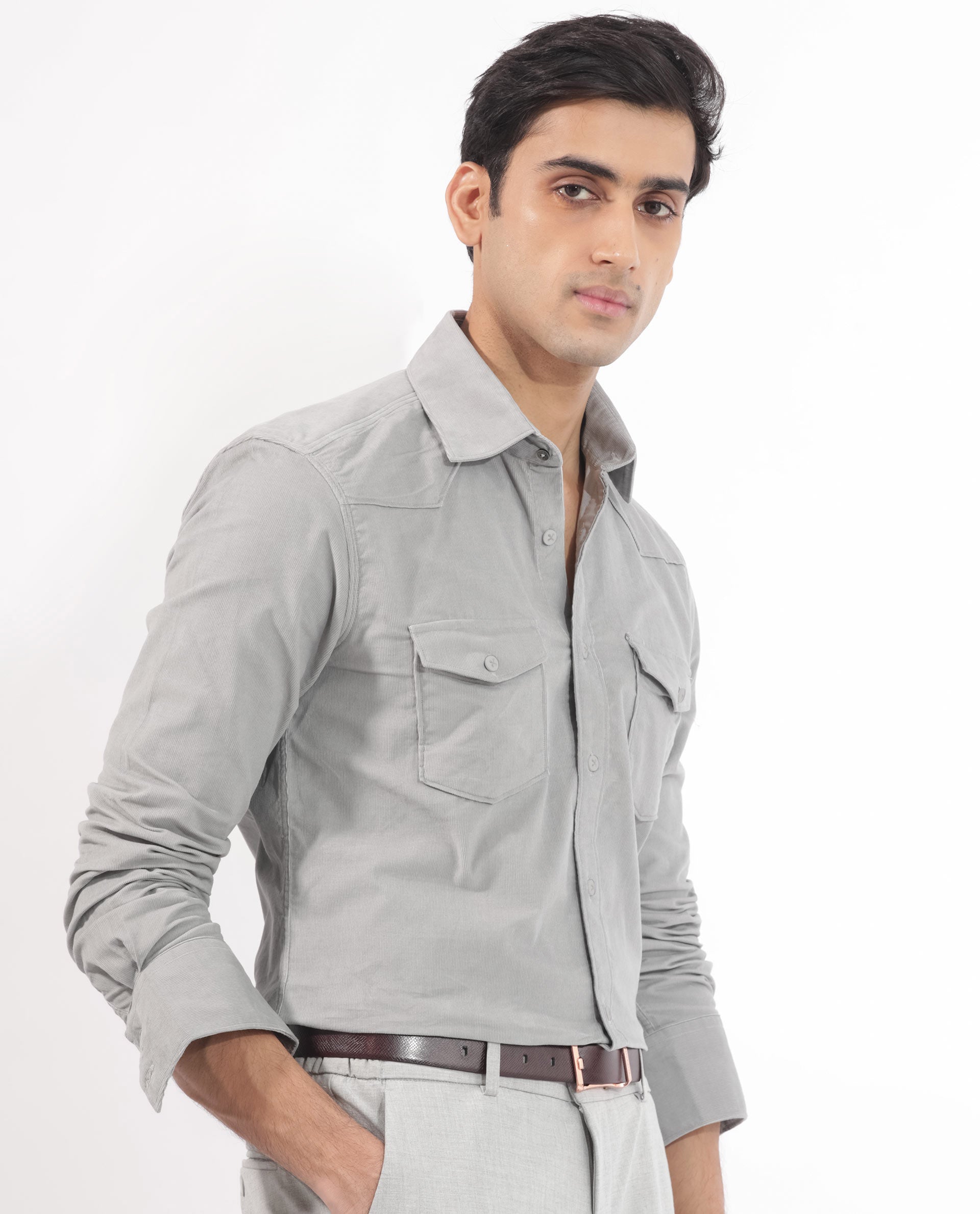 Rare Rabbit Men's Halle Grey Cotton Fabric Full Sleeves Corduroy Shirt