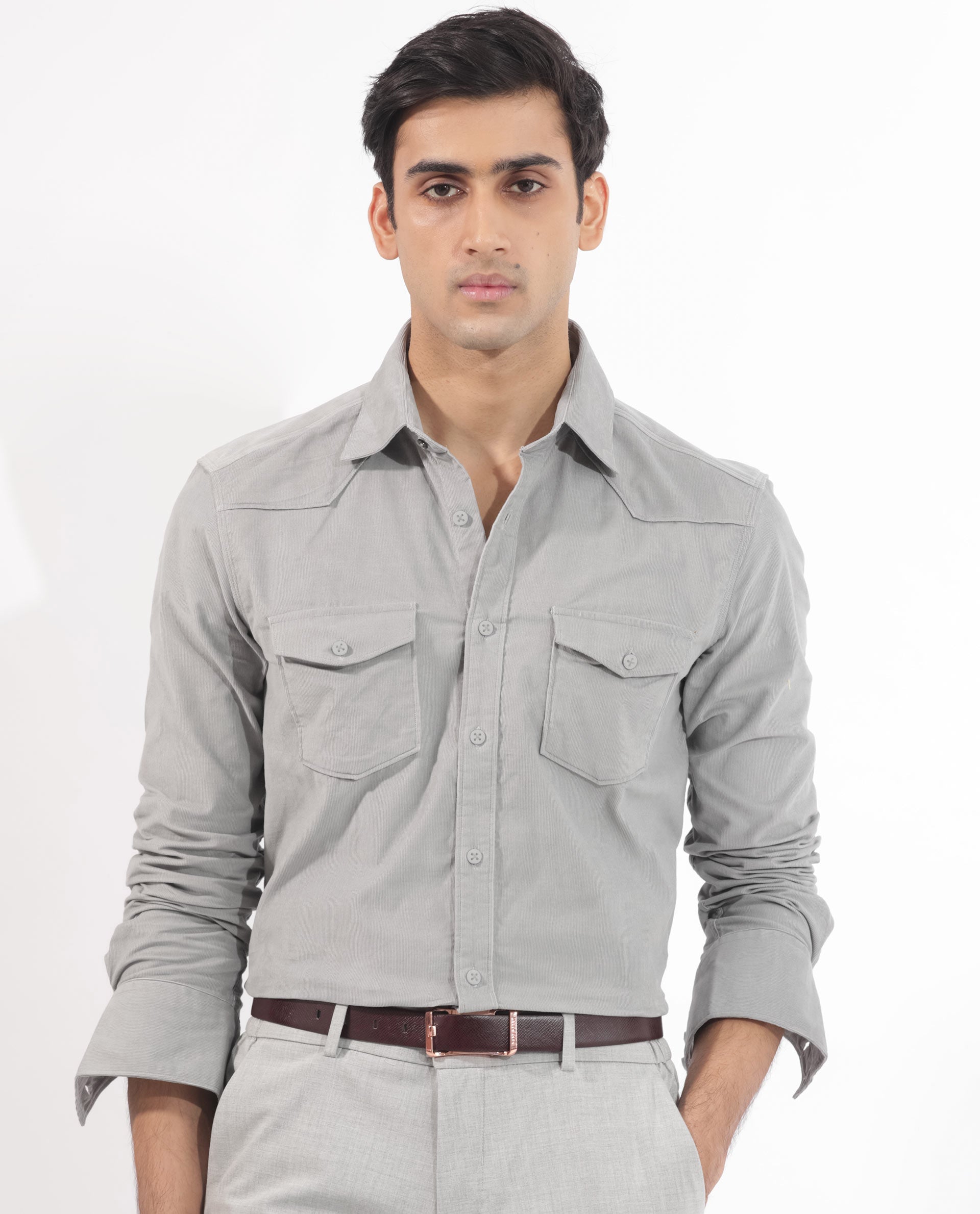 Rare Rabbit Men's Halle Grey Cotton Fabric Full Sleeves Corduroy Shirt