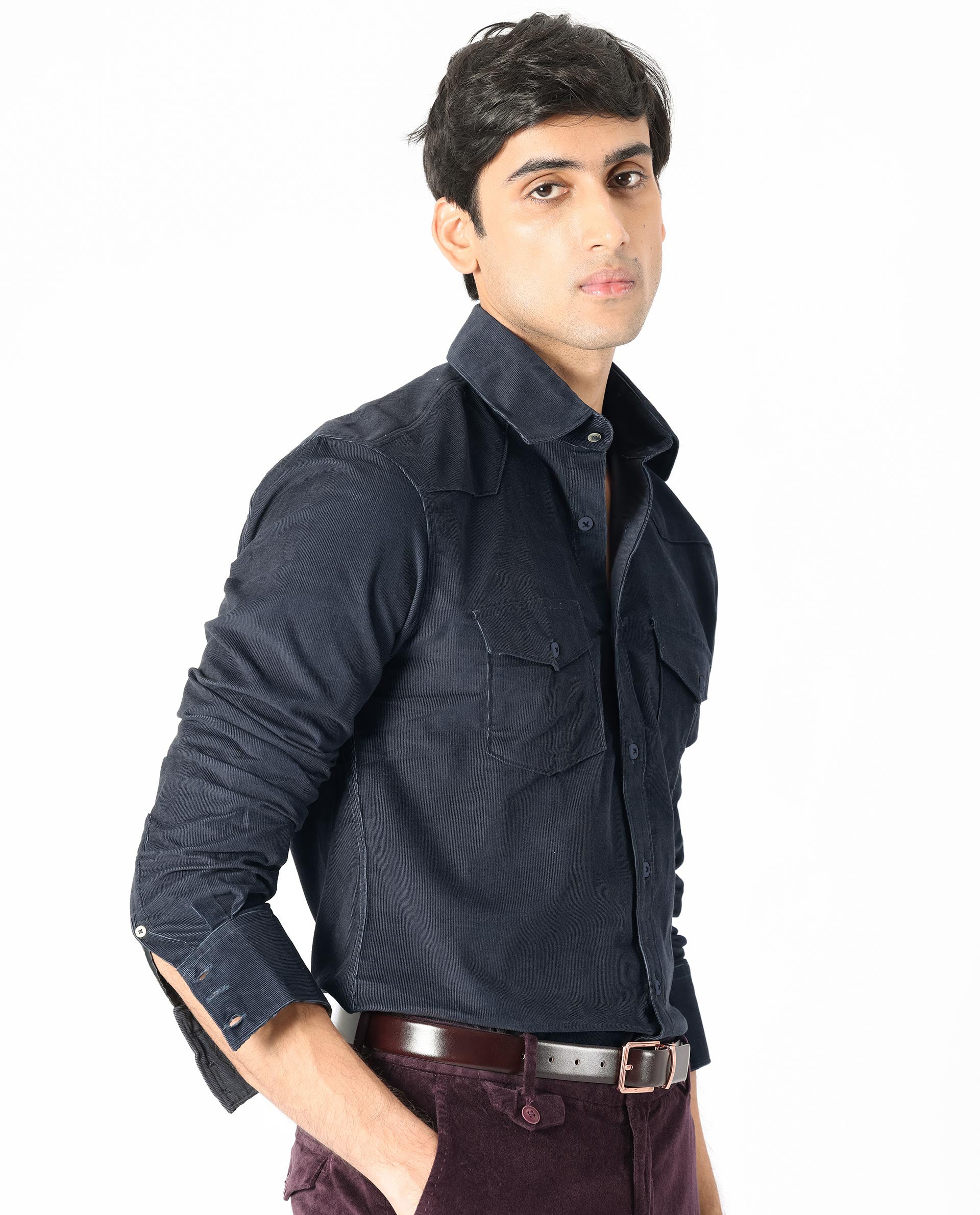 Rare Rabbit Men's Halle Navy Cotton Fabric Full Sleeves Corduroy Shirt