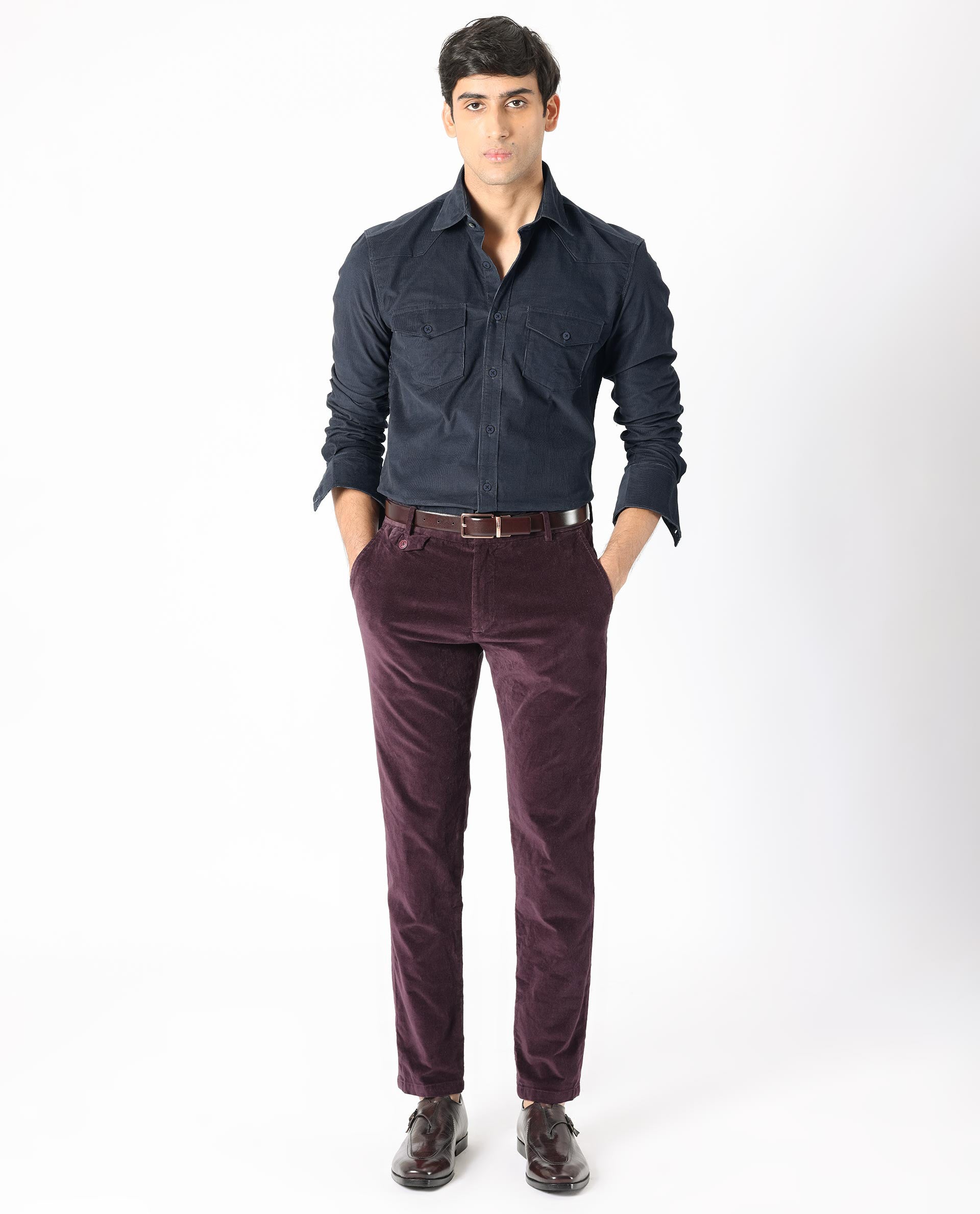 Rare Rabbit Men's Halle Navy Cotton Fabric Full Sleeves Corduroy Shirt