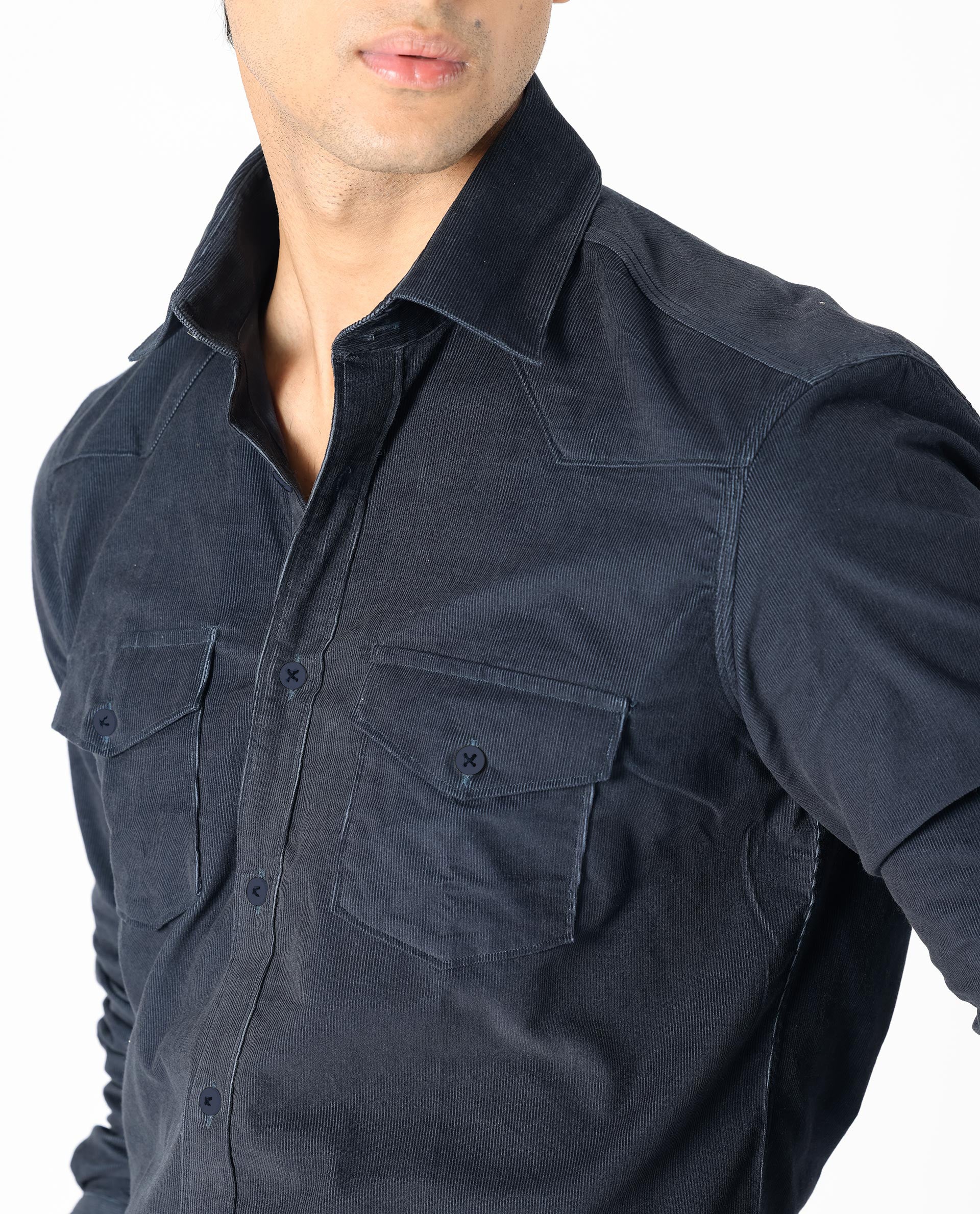 Rare Rabbit Men's Halle Navy Cotton Fabric Full Sleeves Corduroy Shirt