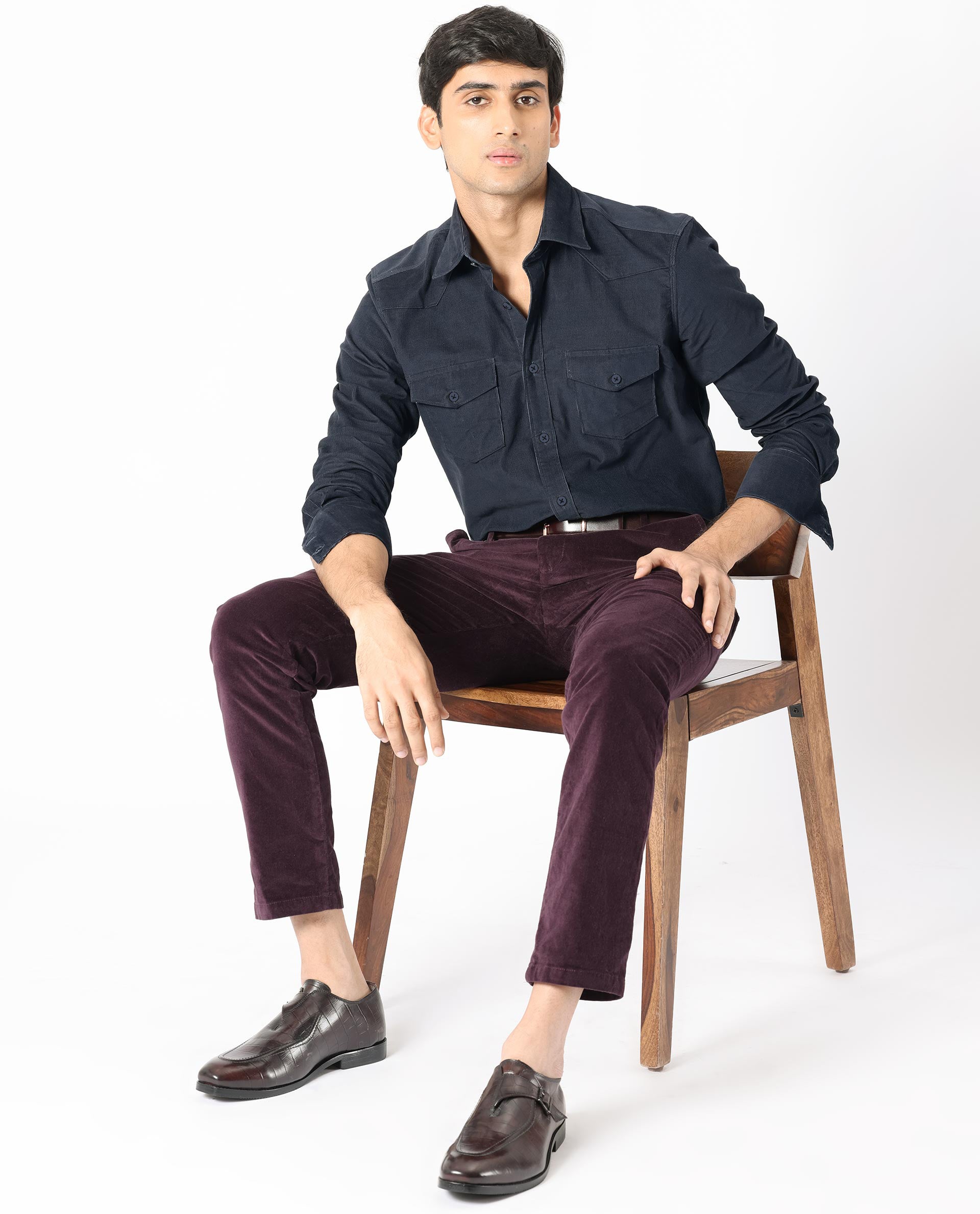 Rare Rabbit Men's Halle Navy Cotton Fabric Full Sleeves Corduroy Shirt