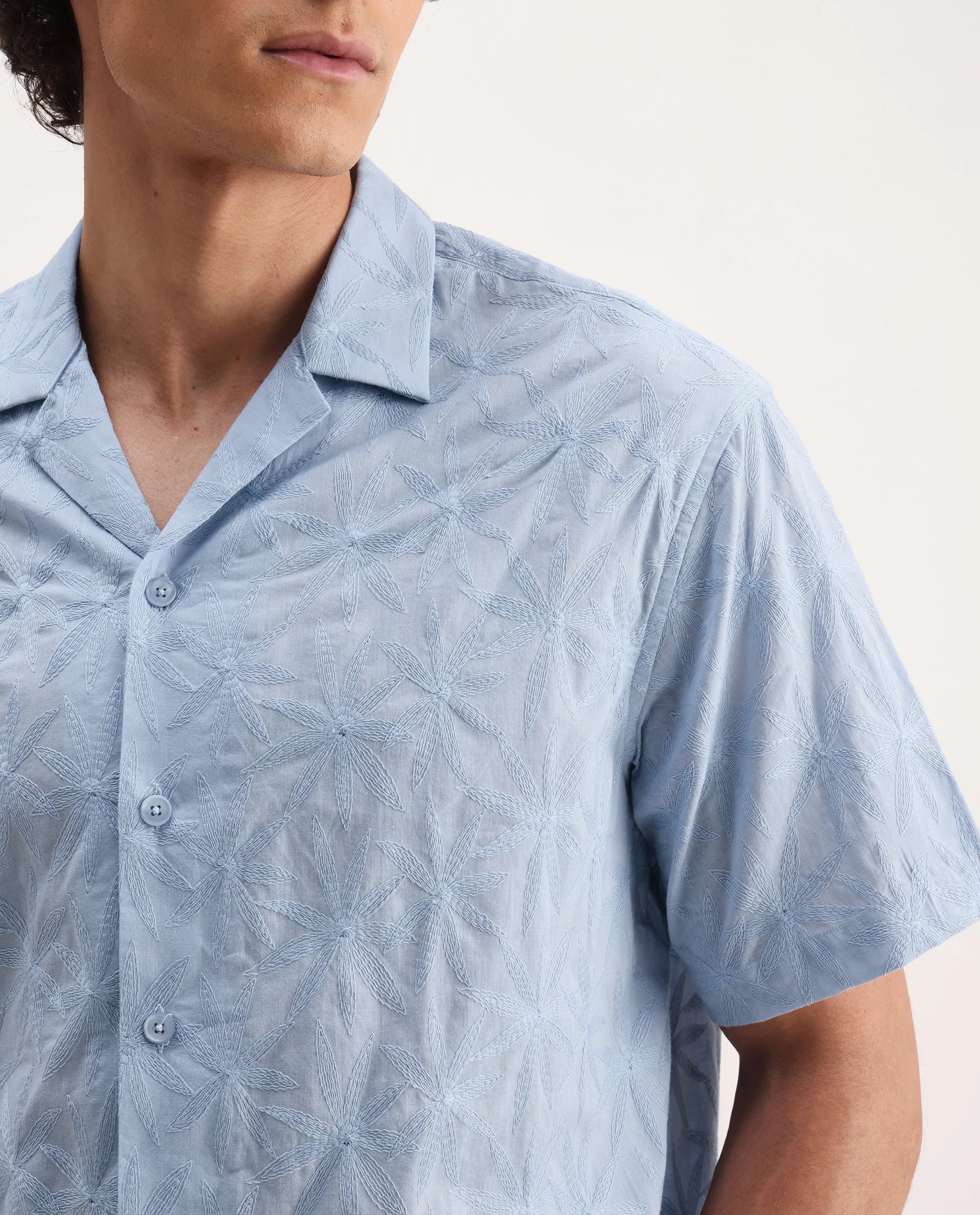 Rare Rabbit Men's Halo Light Blue Cotton Embroidered Boxy Fit Half Sleeve Cuban Collar Shirt