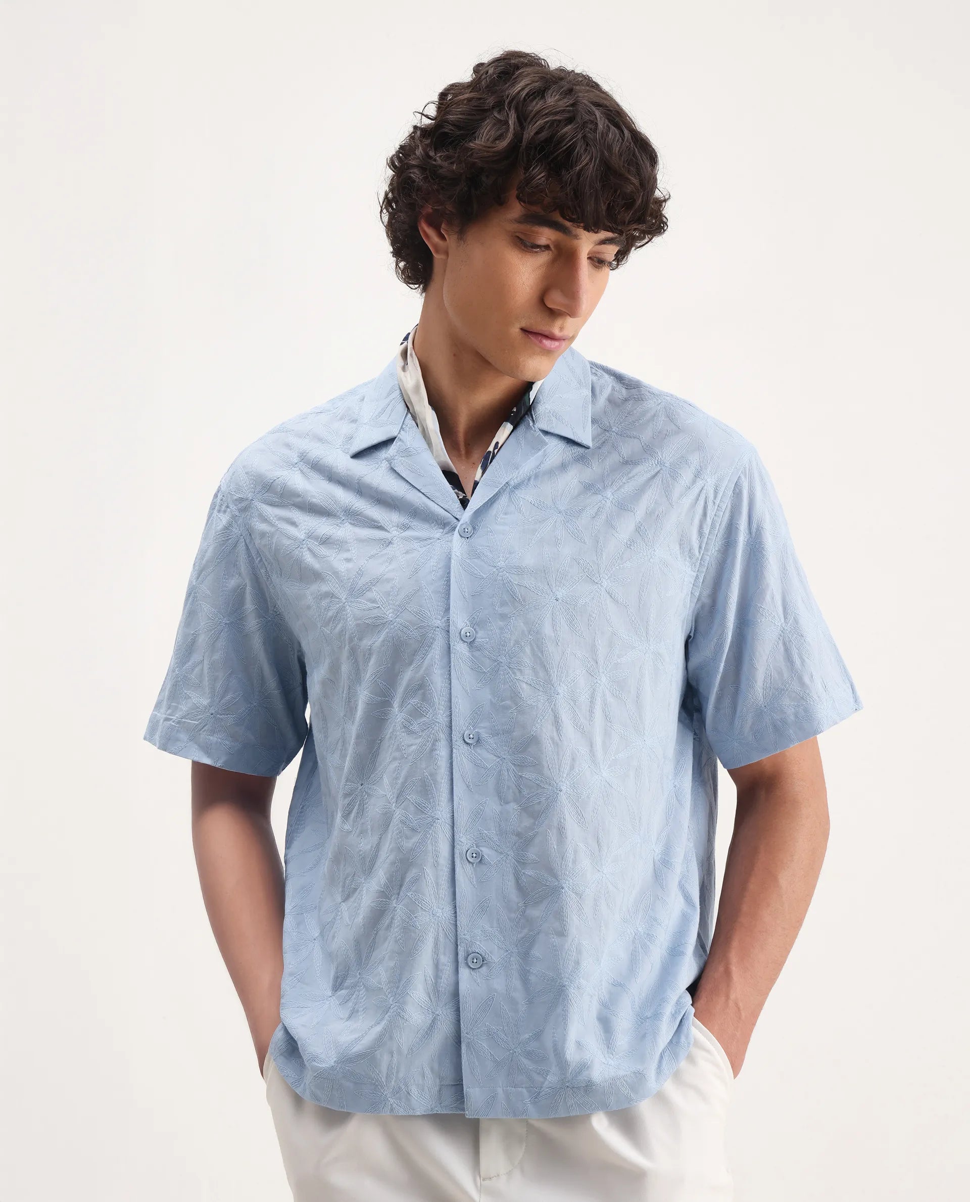 Rare Rabbit Men's Halo Light Blue Cotton Embroidered Boxy Fit Half Sleeve Cuban Collar Shirt