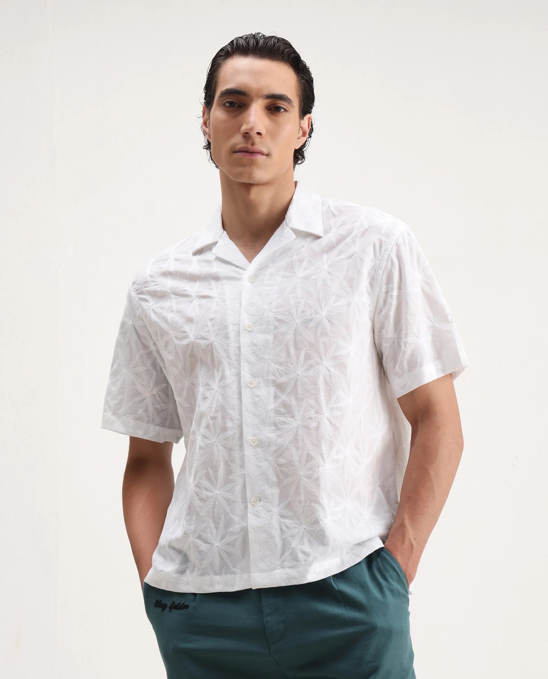 Rare Rabbit Men's Halo White Cotton Embroidered Boxy Fit Half Sleeve Cuban Collar Shirt