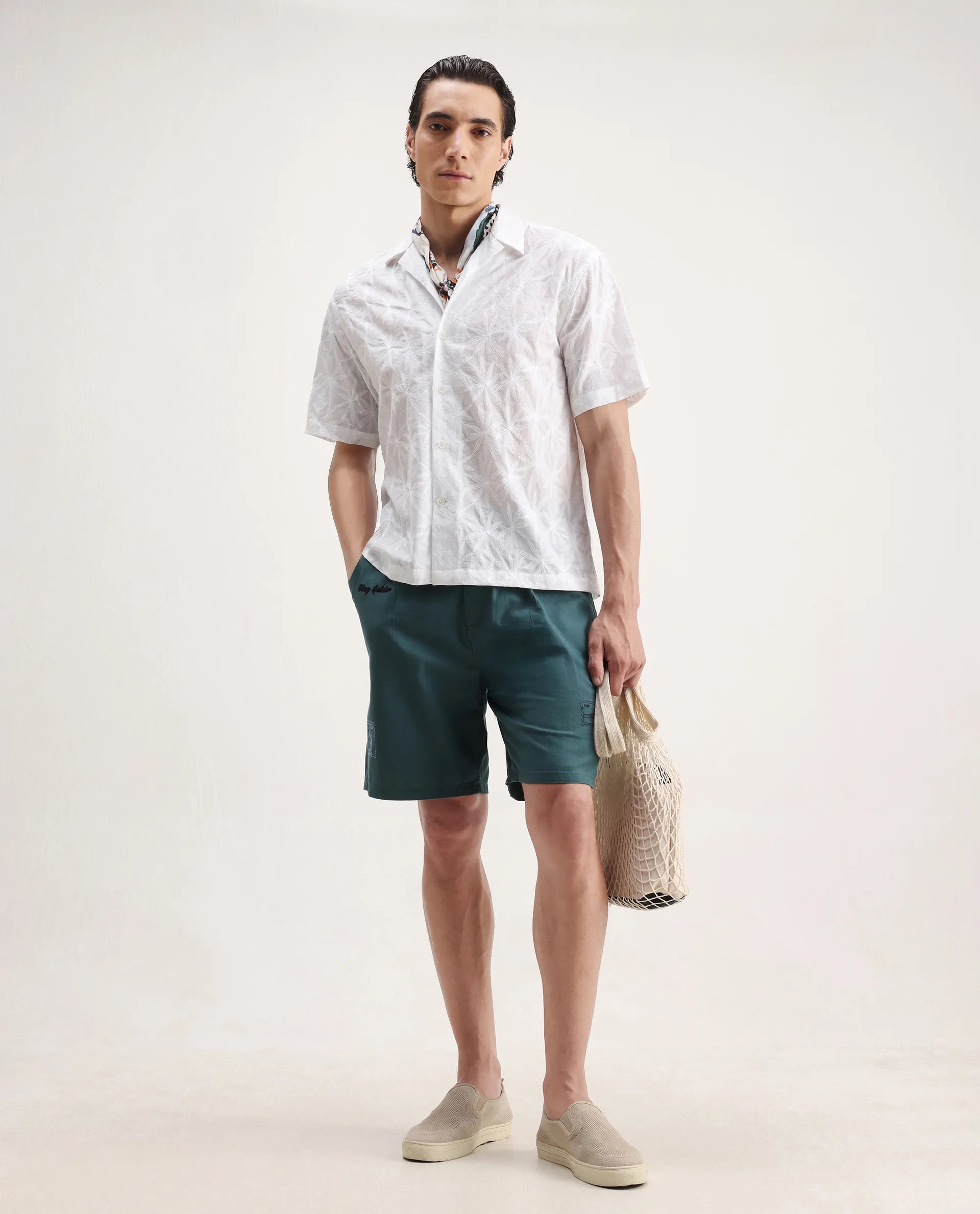 Rare Rabbit Men's Halo White Cotton Embroidered Boxy Fit Half Sleeve Cuban Collar Shirt