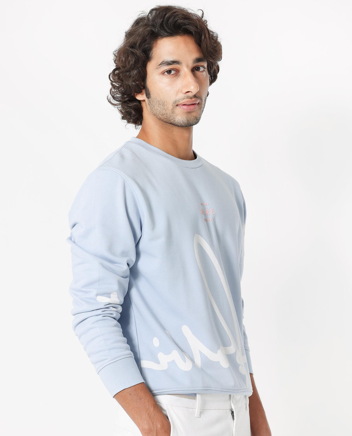 Rare Rabbit Mens Halsey Light Blue Cotton Polyester Terry Fabric Round Neck Knitted Full Sleeves Comfortable Fit Sweatshirt