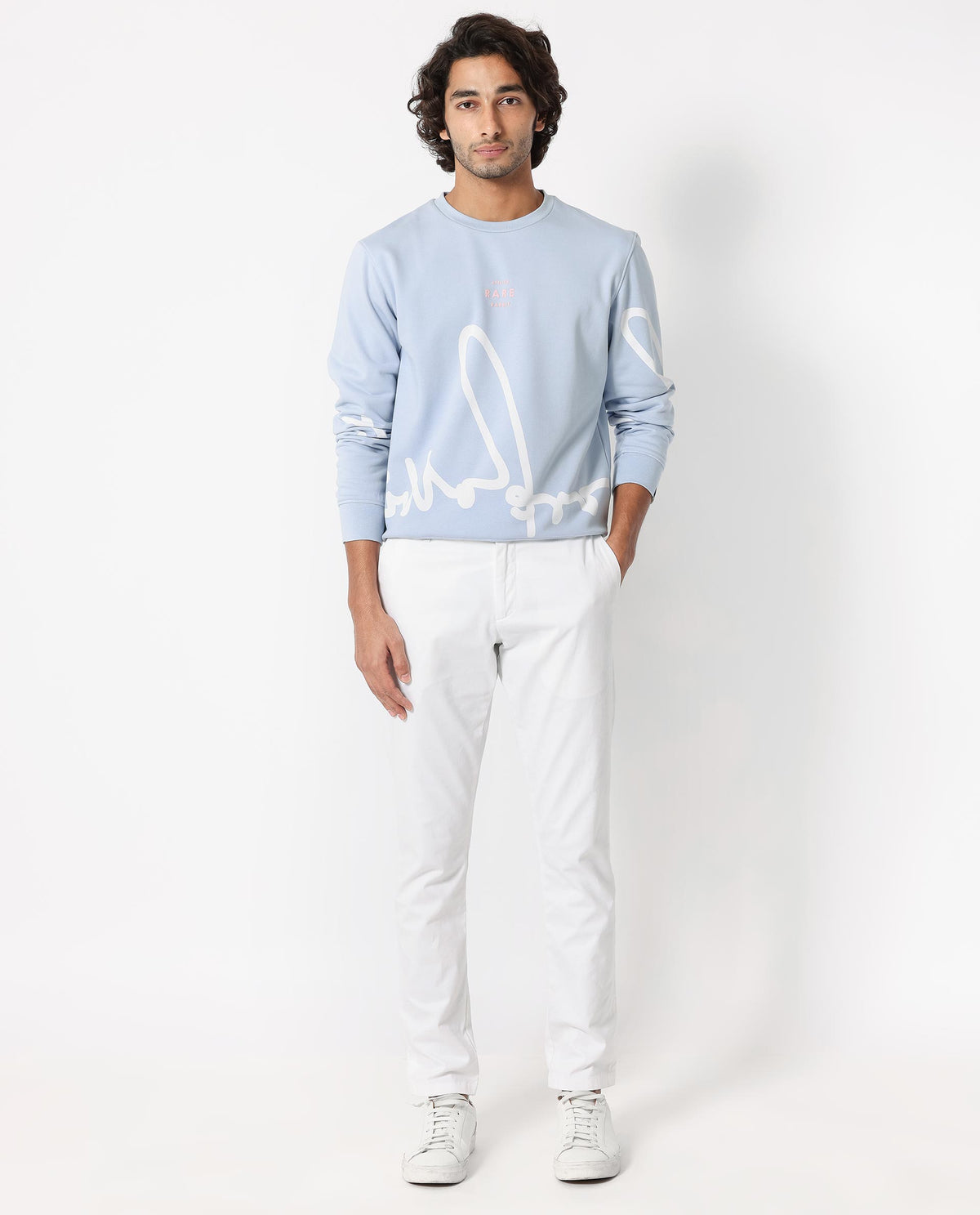 Rare Rabbit Mens Halsey Light Blue Cotton Polyester Terry Fabric Round Neck Knitted Full Sleeves Comfortable Fit Sweatshirt