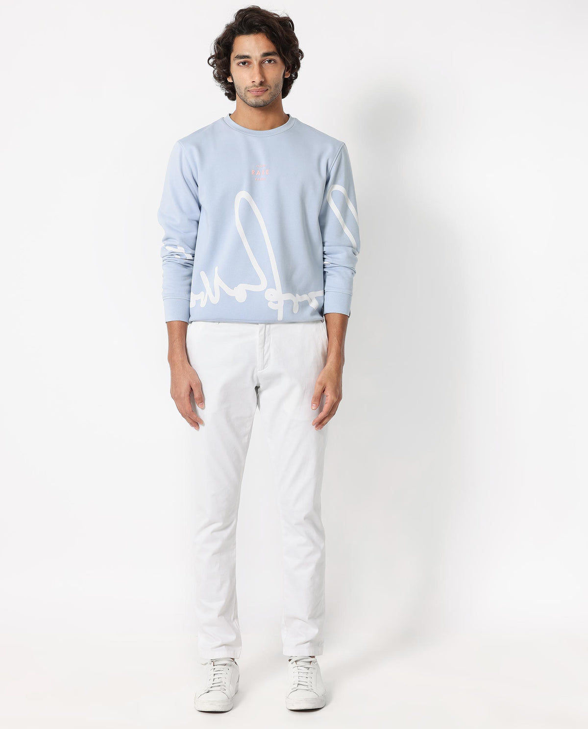 Rare Rabbit Mens Halsey Light Blue Cotton Polyester Terry Fabric Round Neck Knitted Full Sleeves Comfortable Fit Sweatshirt