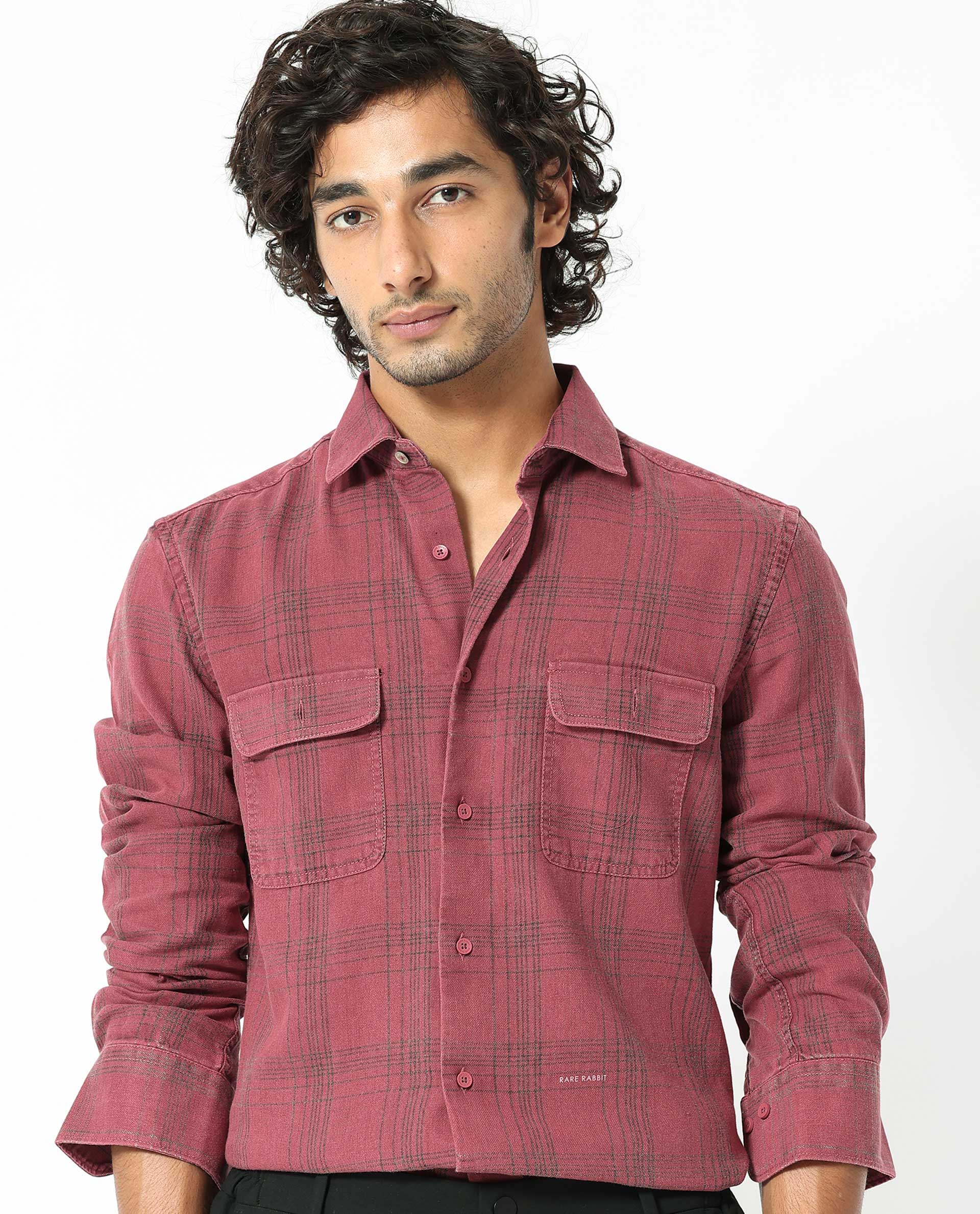 Rare Rabbit Men's Hammel Dark Pink Cotton Fabric Full Sleeves Checks Shirt
