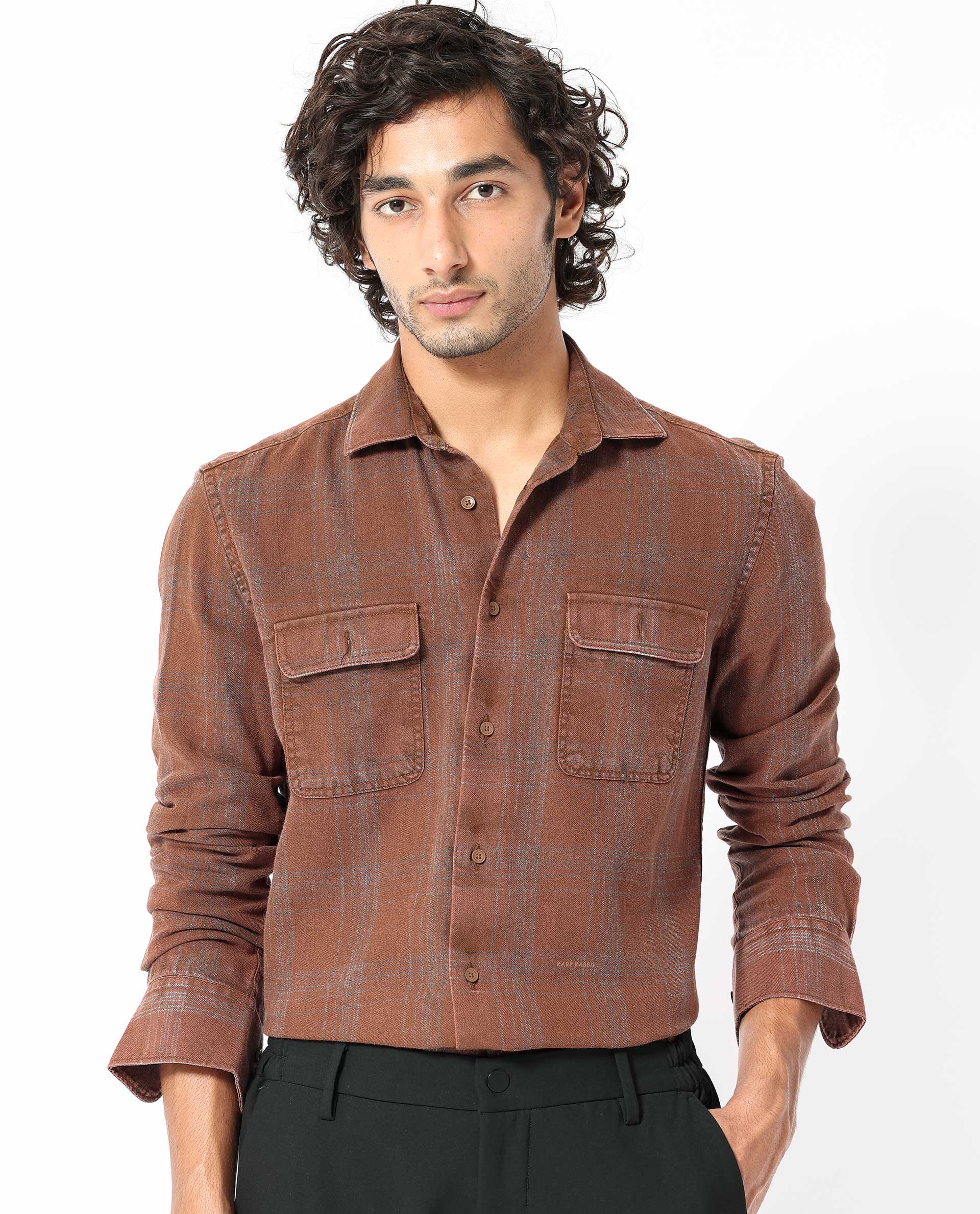 Rare Rabbit Men's Hammel Rust Cotton Fabric Full Sleeves Checks Shirt