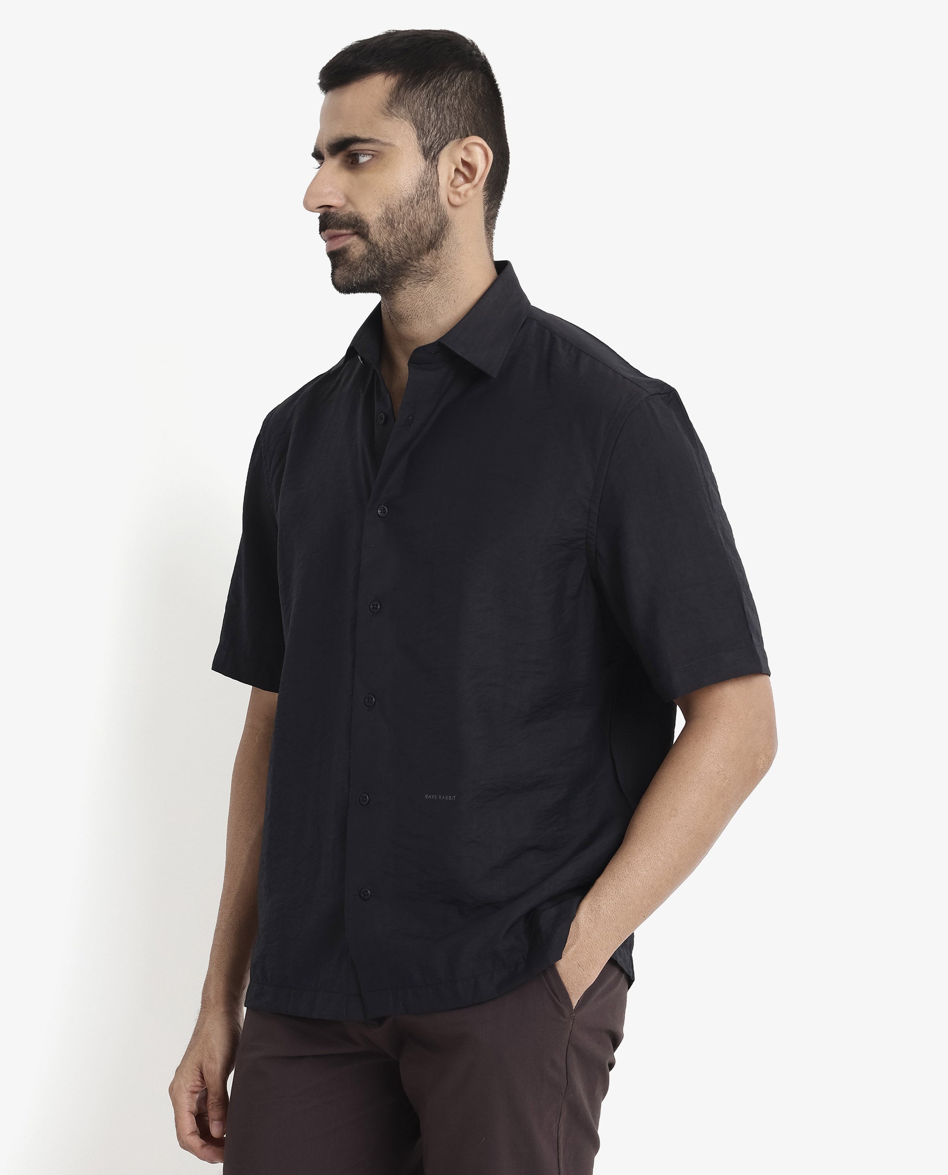 Rare Rabbit Men Blois Black Viscose Nylon Fabric Short Sleeve Slim Fit Plain Shirt