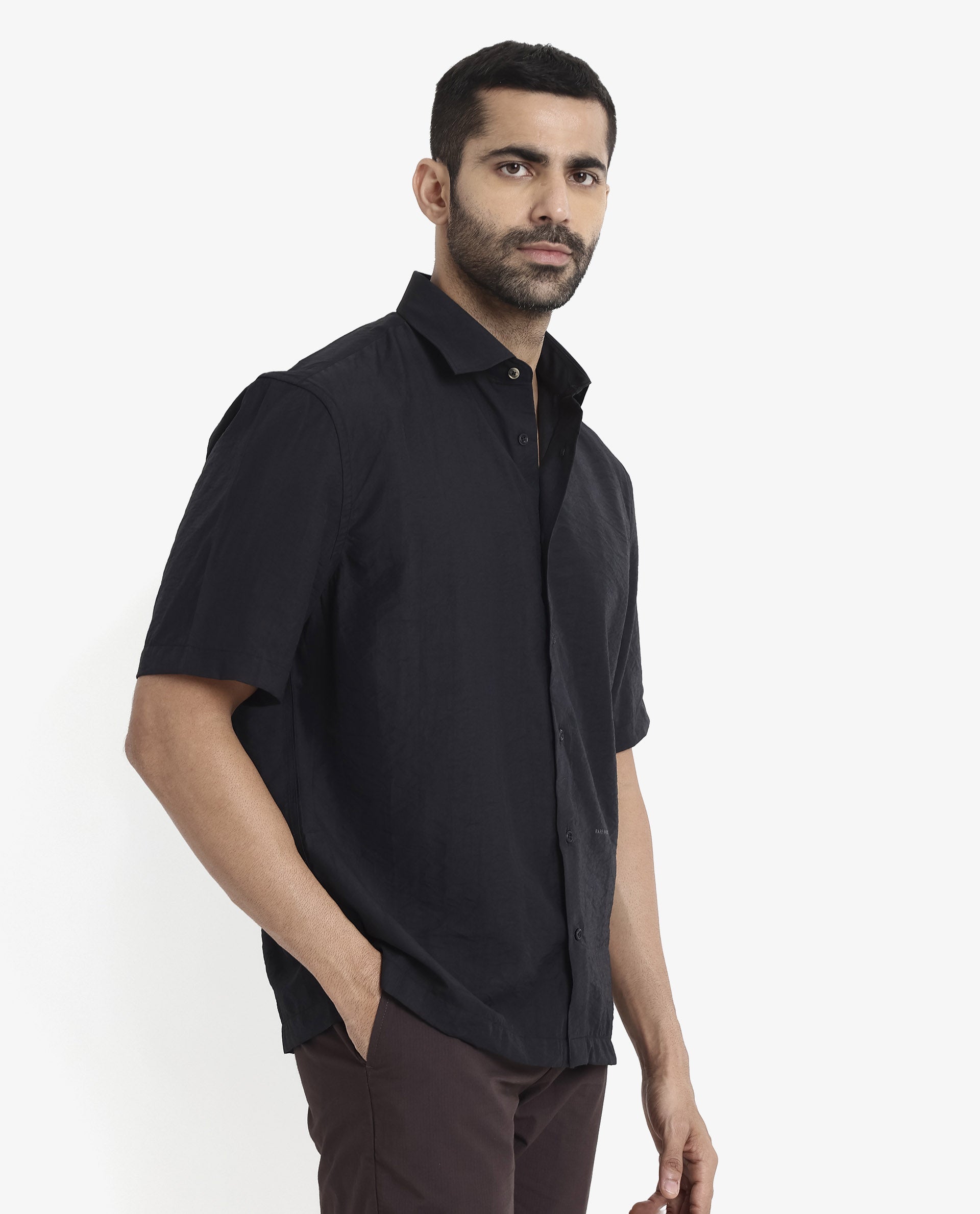 Rare Rabbit Men Blois Black Viscose Nylon Fabric Short Sleeve Slim Fit Plain Shirt