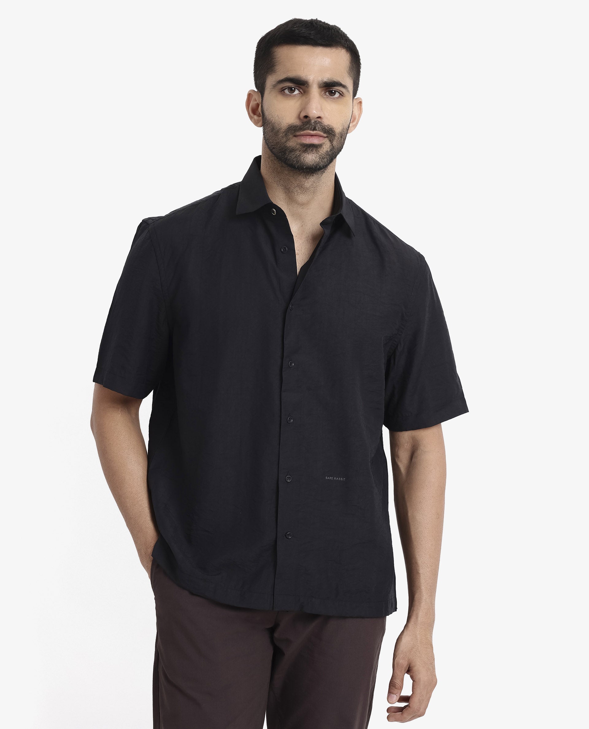Rare Rabbit Men Blois Black Viscose Nylon Fabric Short Sleeve Slim Fit Plain Shirt