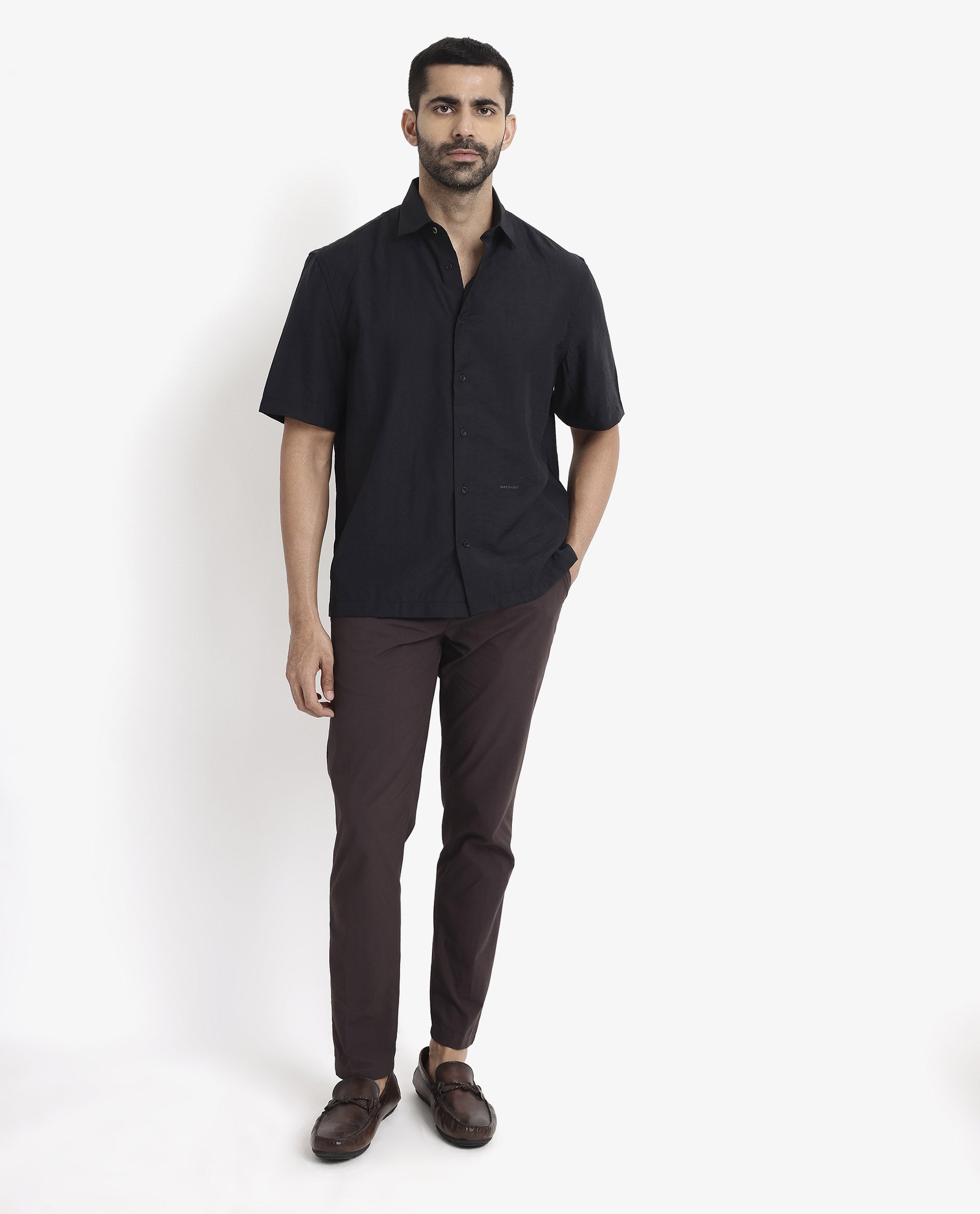 Rare Rabbit Men Blois Black Viscose Nylon Fabric Short Sleeve Slim Fit Plain Shirt