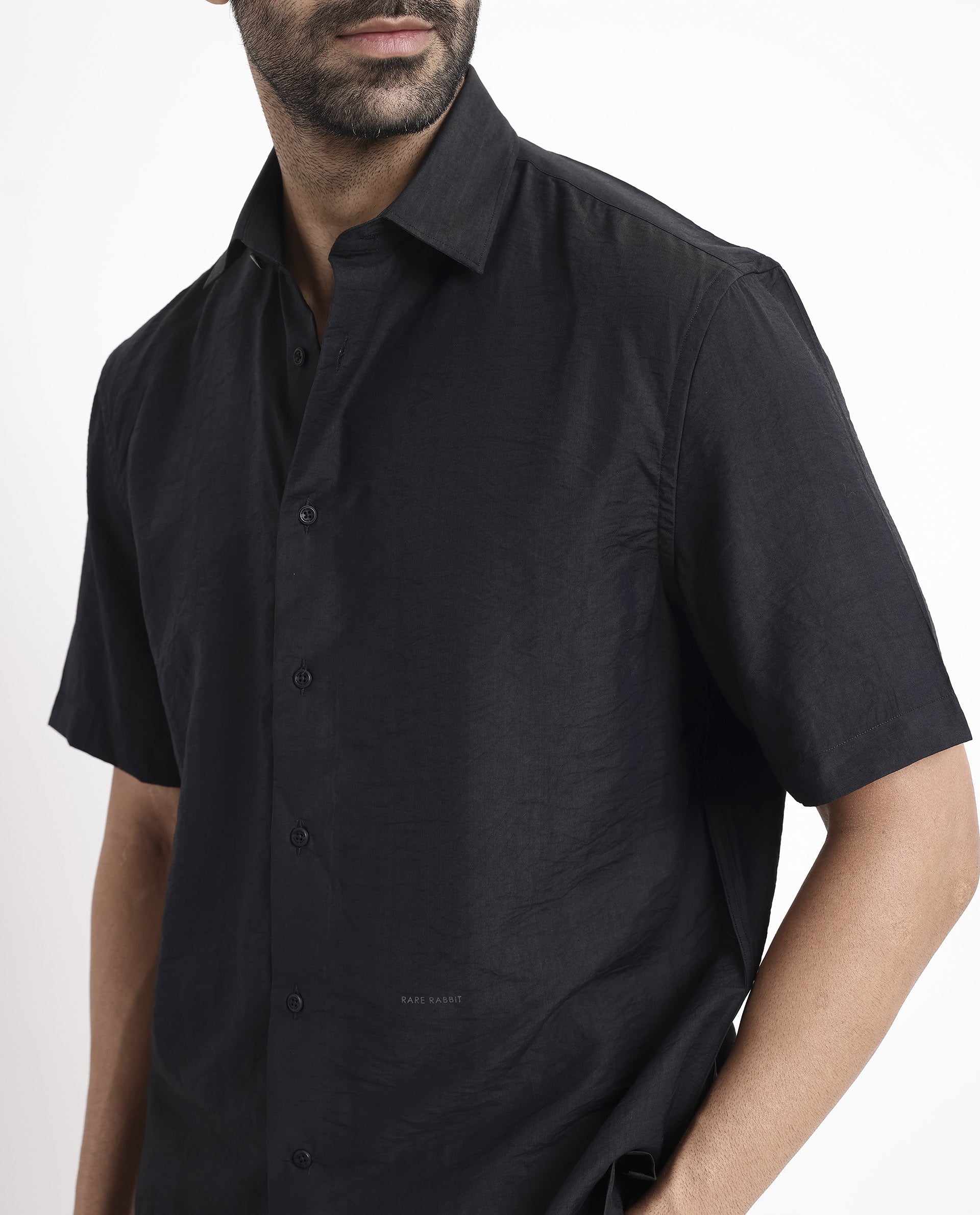 Rare Rabbit Men Blois Black Viscose Nylon Fabric Short Sleeve Slim Fit Plain Shirt