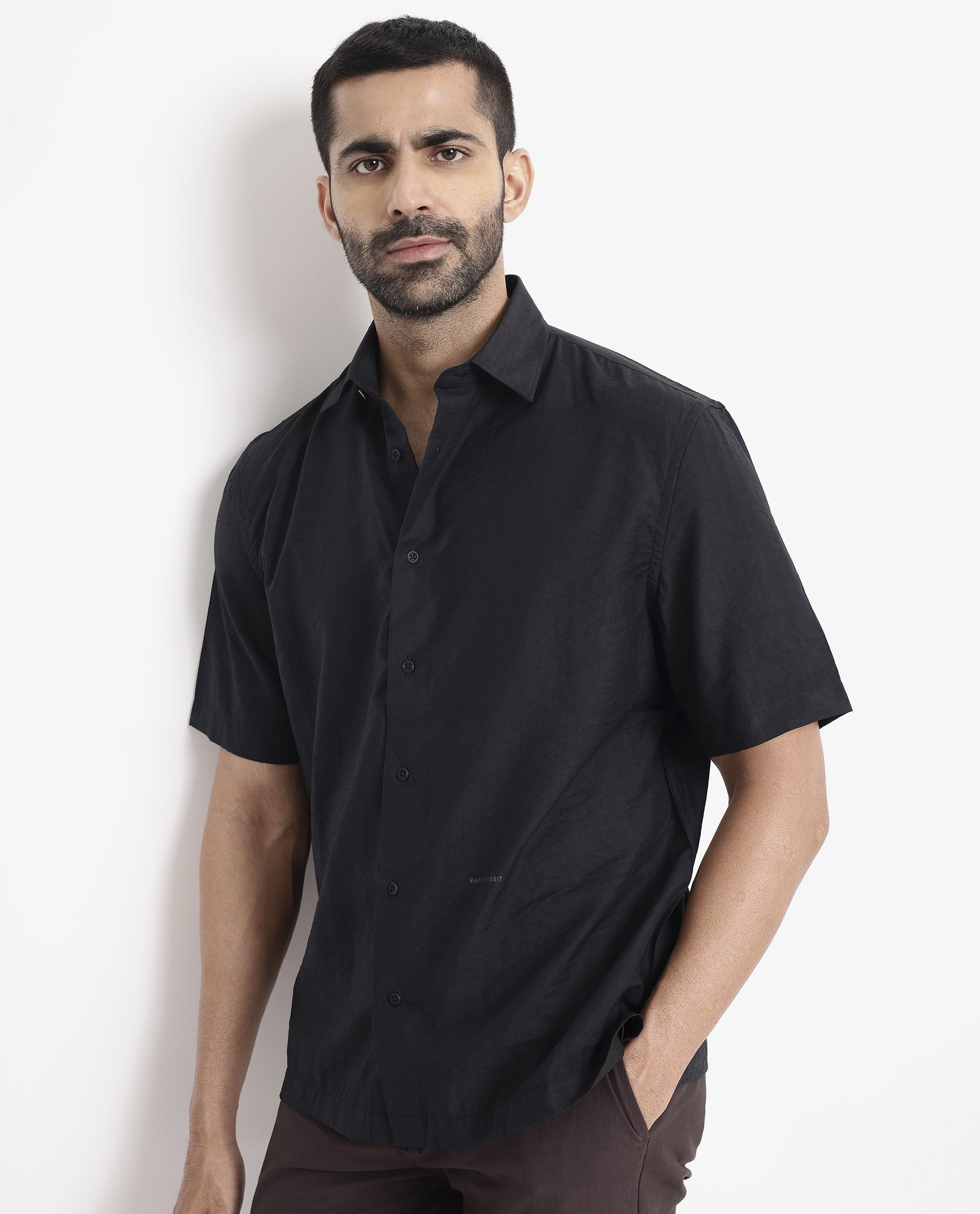Rare Rabbit Men Blois Black Viscose Nylon Fabric Short Sleeve Slim Fit Plain Shirt