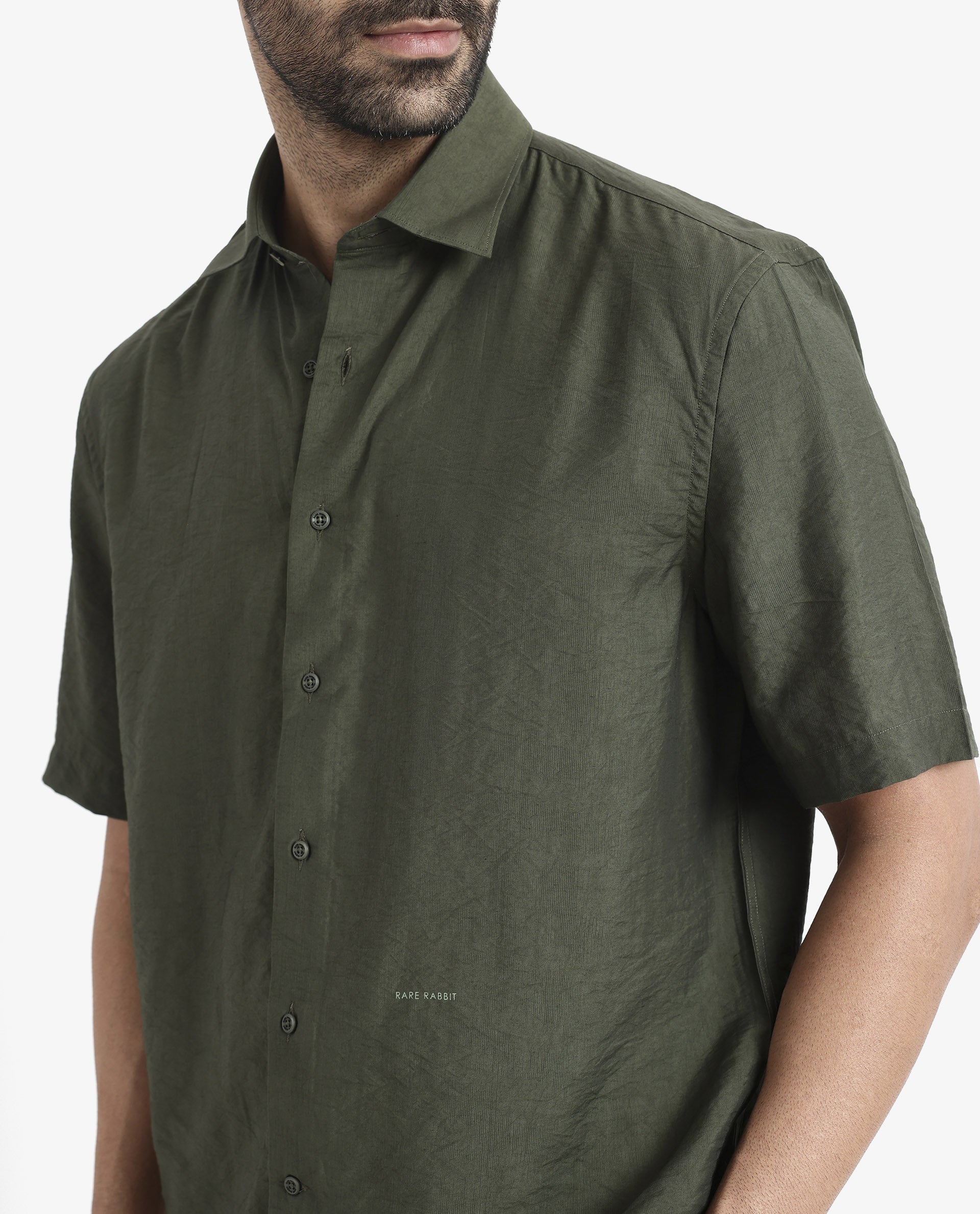 Rare Rabbit Men Blois Dark Green Viscose Nylon Fabric Short Sleeve Slim Fit Plain Shirt