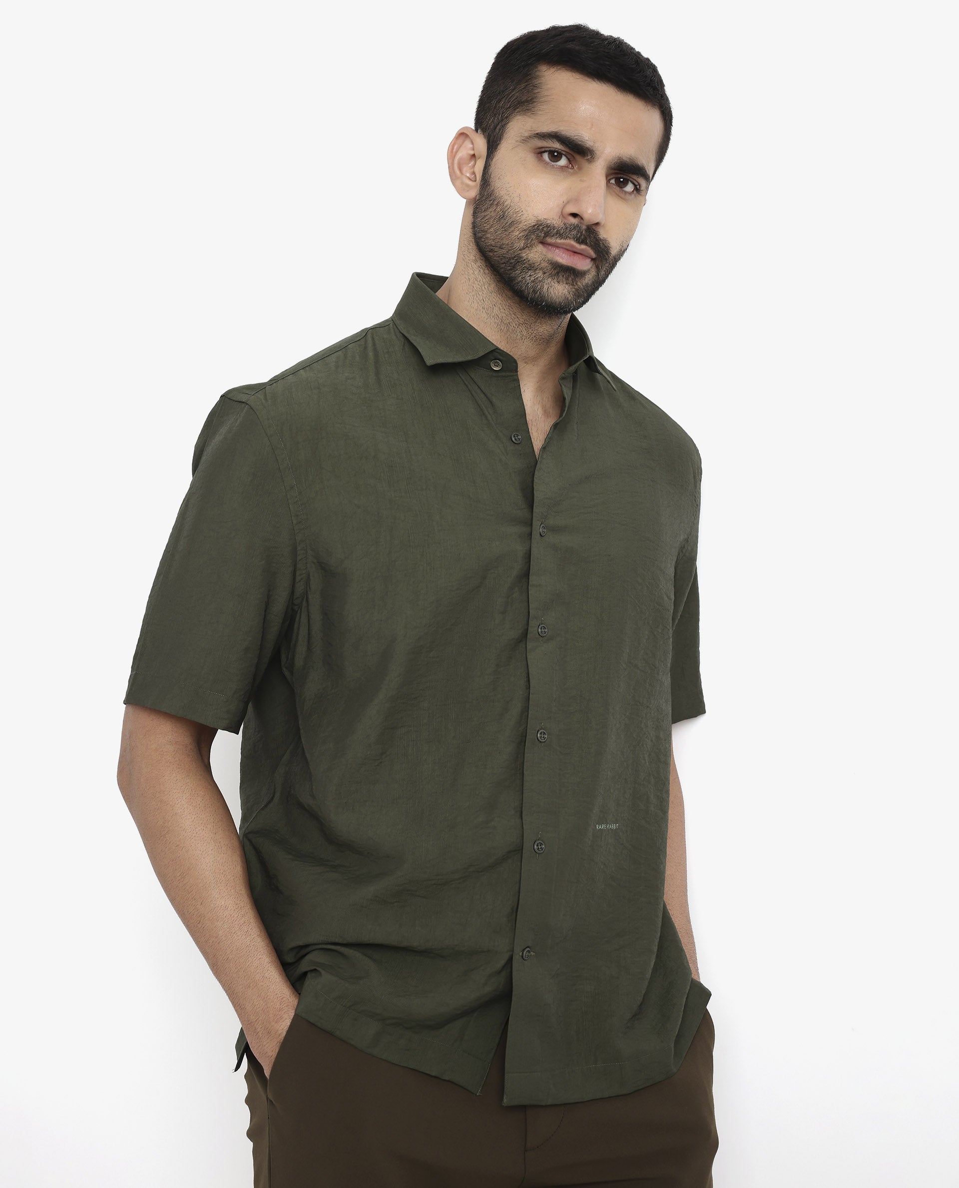 Rare Rabbit Men Blois Dark Green Viscose Nylon Fabric Short Sleeve Slim Fit Plain Shirt