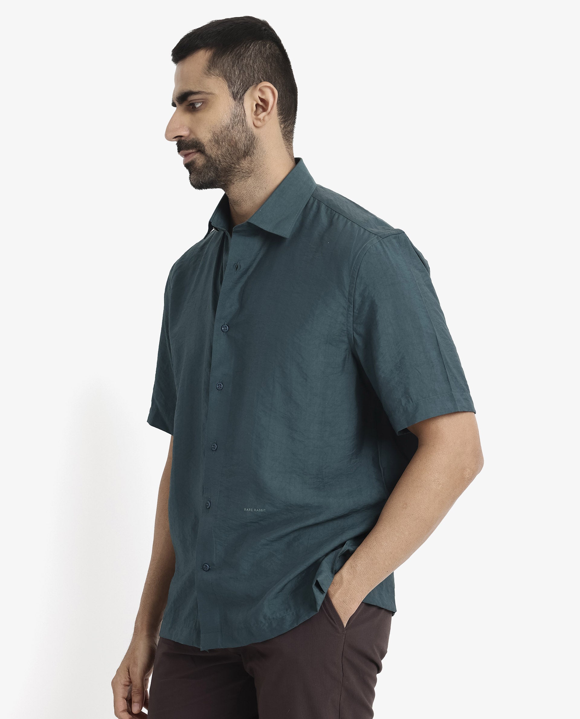 Rare Rabbit Men Blois Dark Teal Viscose Nylon Fabric Short Sleeve Slim Fit Plain Shirt